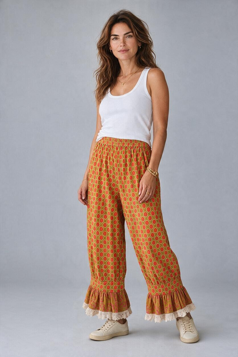 I Love linen Green Ruffle Pants
