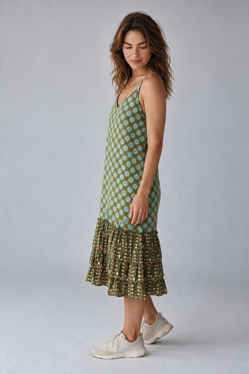 I Love Linen Green Ruffle Dress