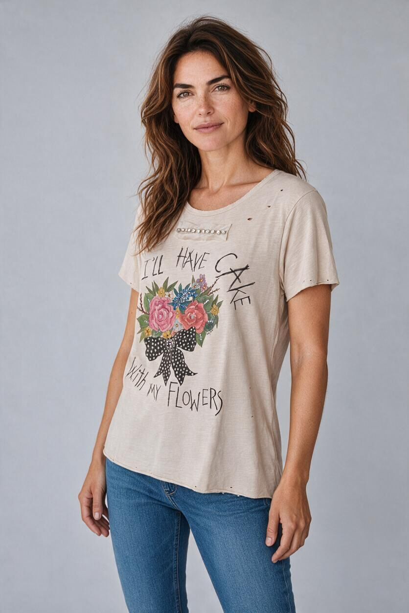 A  Rare Bird It'll Have Cake With My Flower Vintage Rhinestone Tee