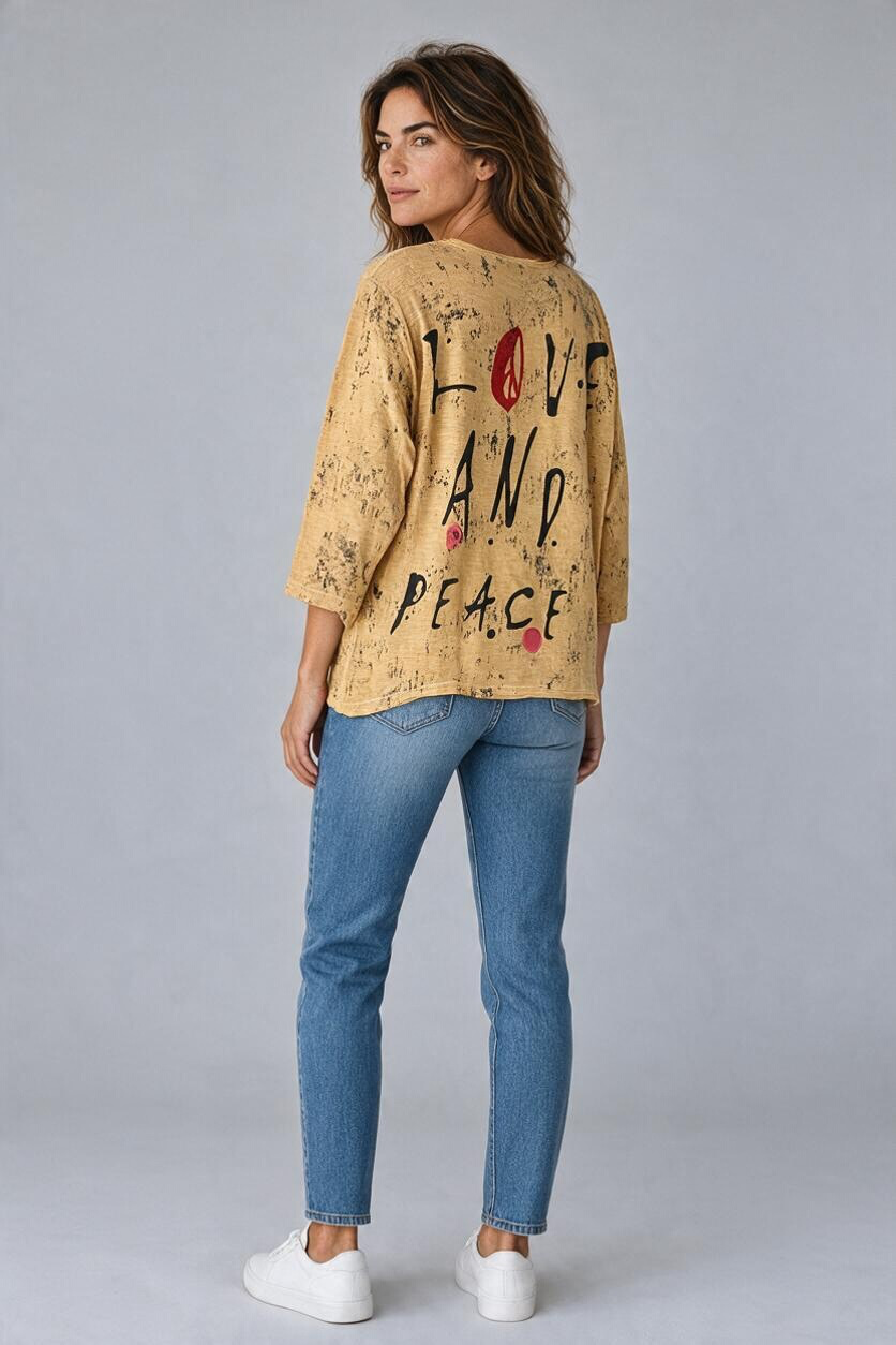 Paper Lace Love and Peace Mustard Top
