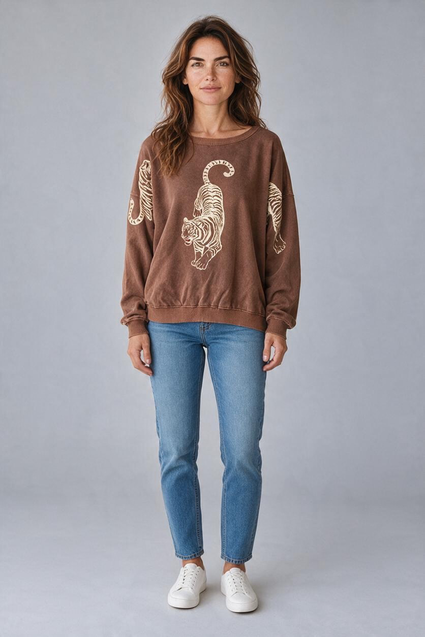 Triple Tiger Oversized Sweatshirt - Brown (OS)