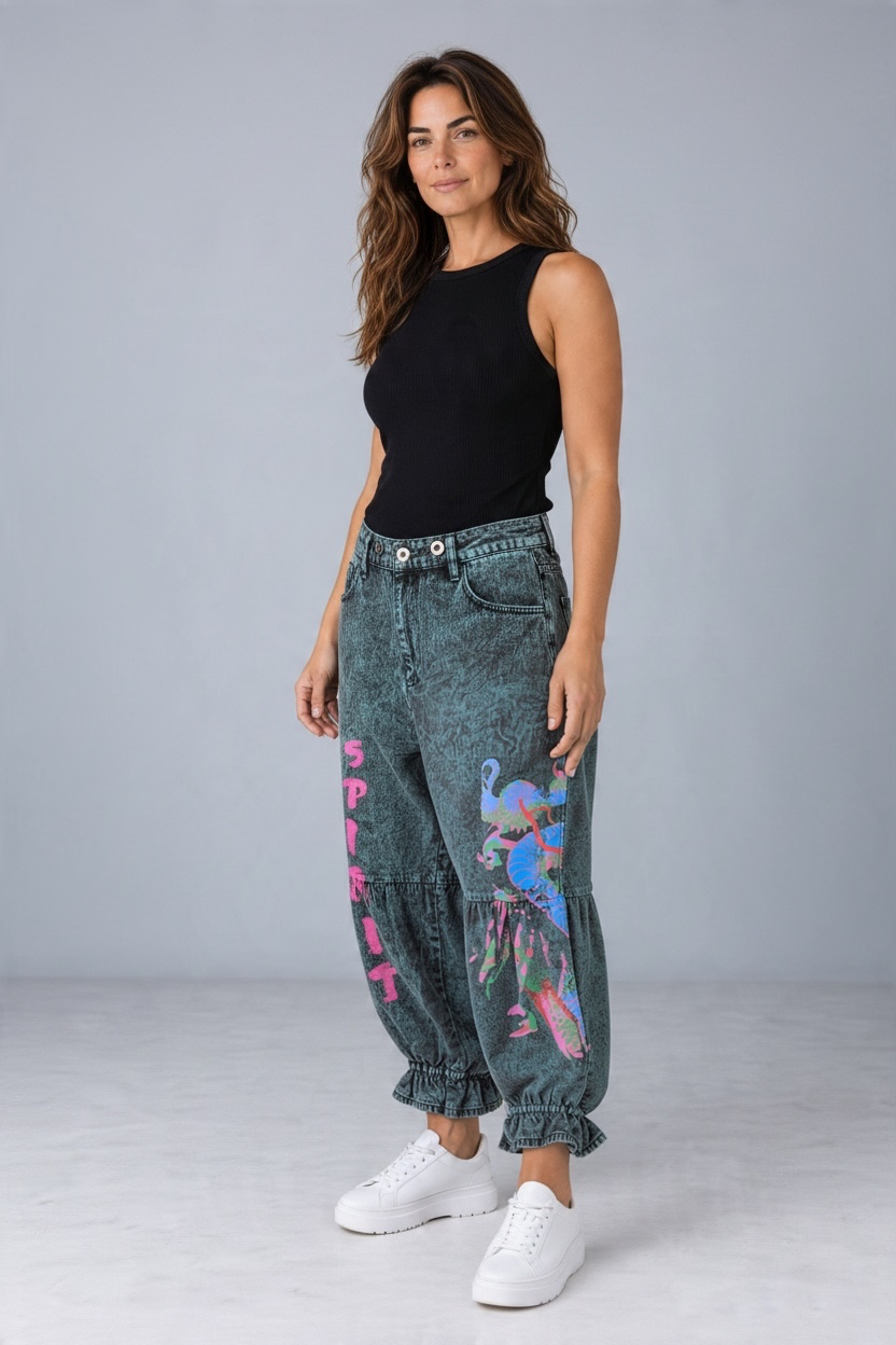 I Love Linen Spirit Dragon Acid Wash Harem Pants