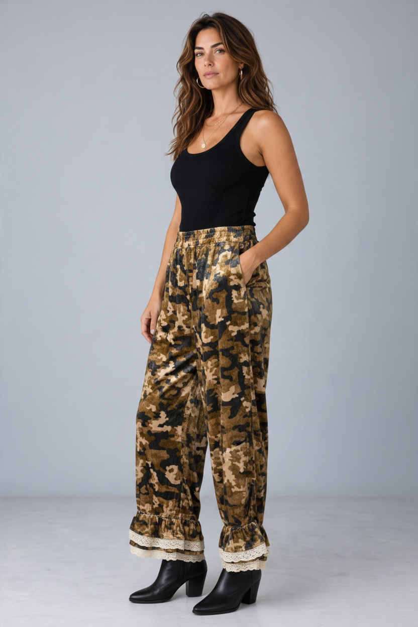 I Love Linen Wild Romance Ruffle Pants-Camo