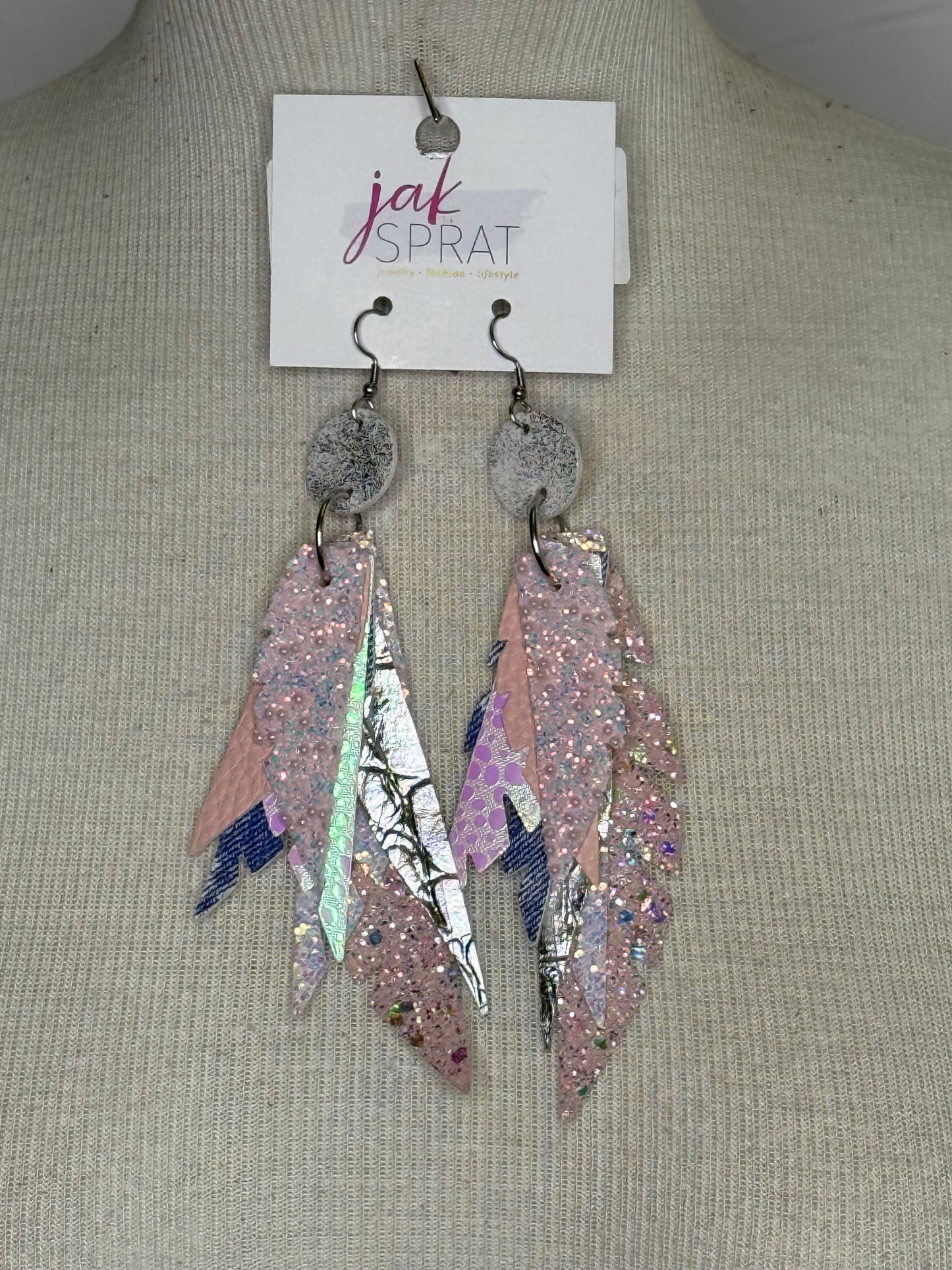 Jak Sprat Lite Pink  Sparkle Feather Earrings