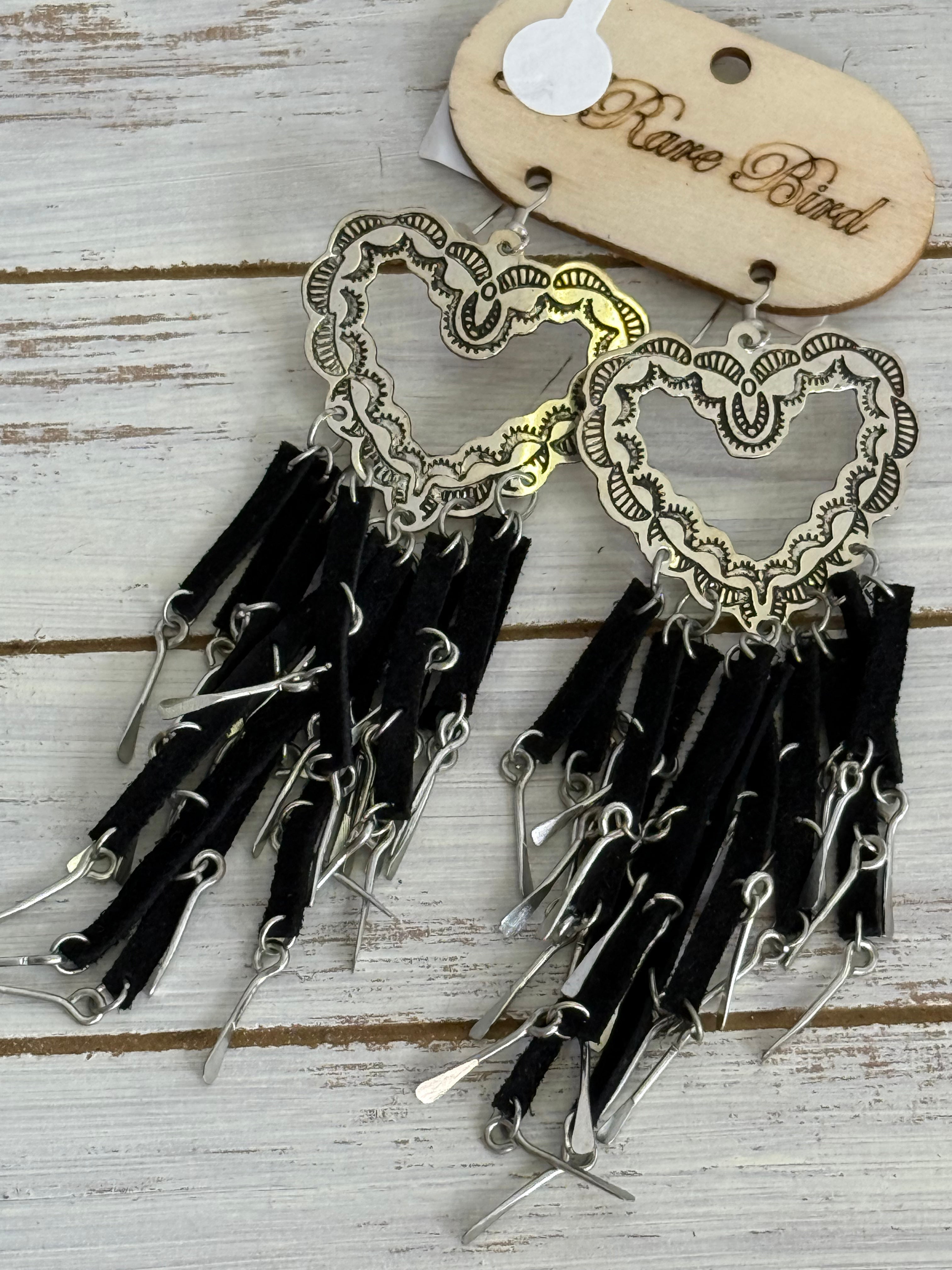 A Rare Bird Metal Heart Leather Fringe Earrings