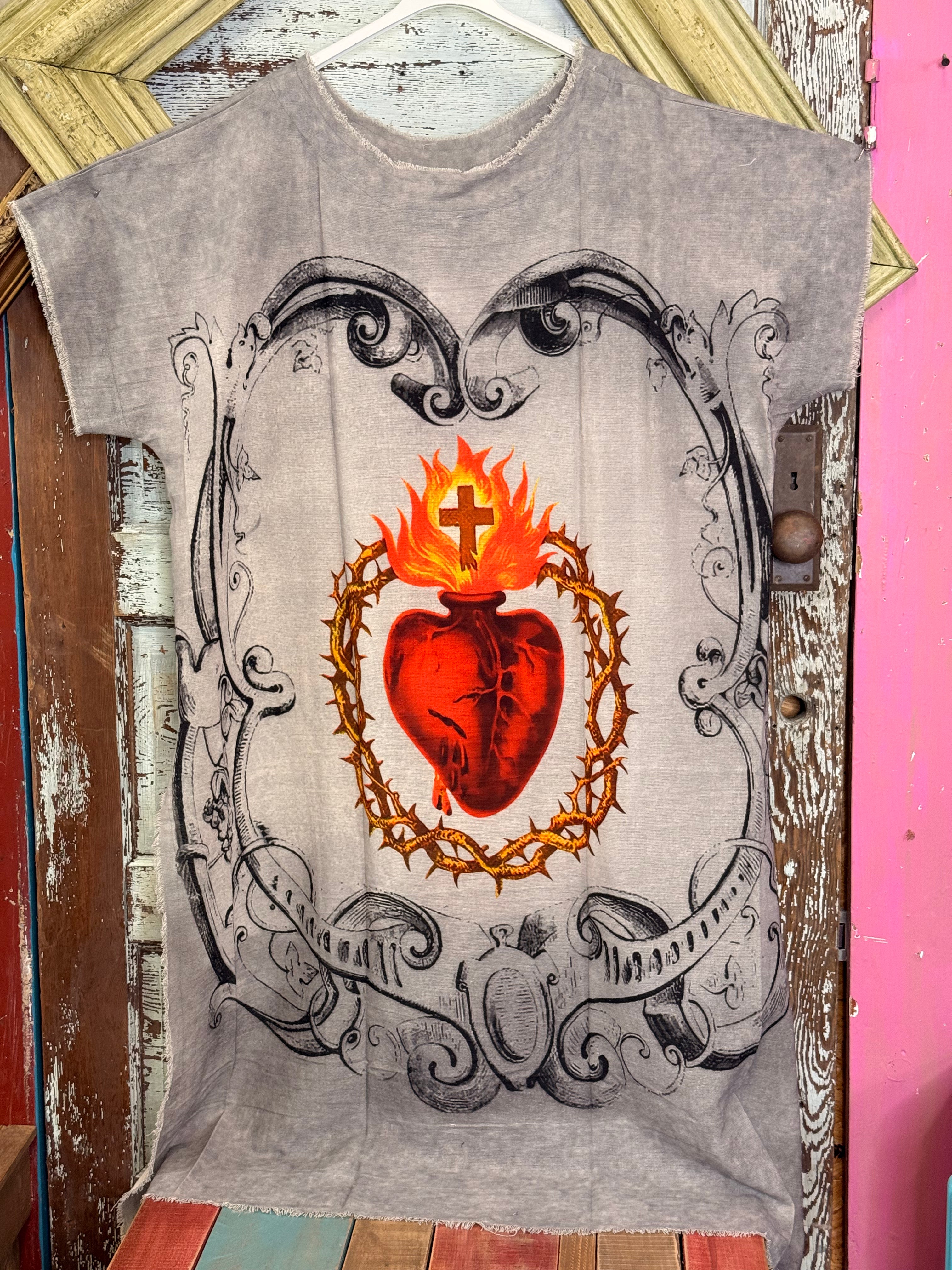 I Love Linen Grey Flaming Heart Hi-Low Top