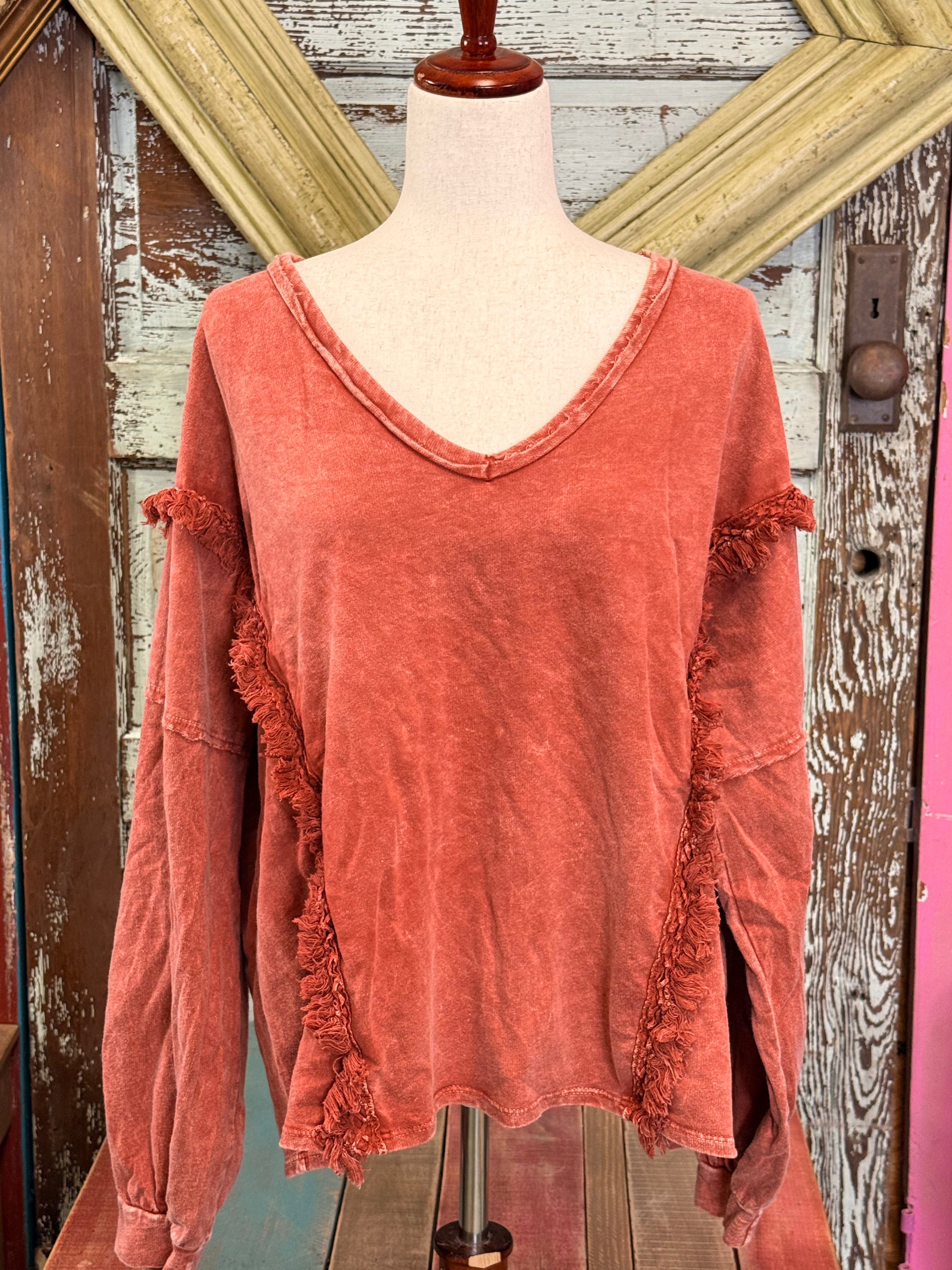 Jher Mineral Washed Tassel Fringe Vneck top