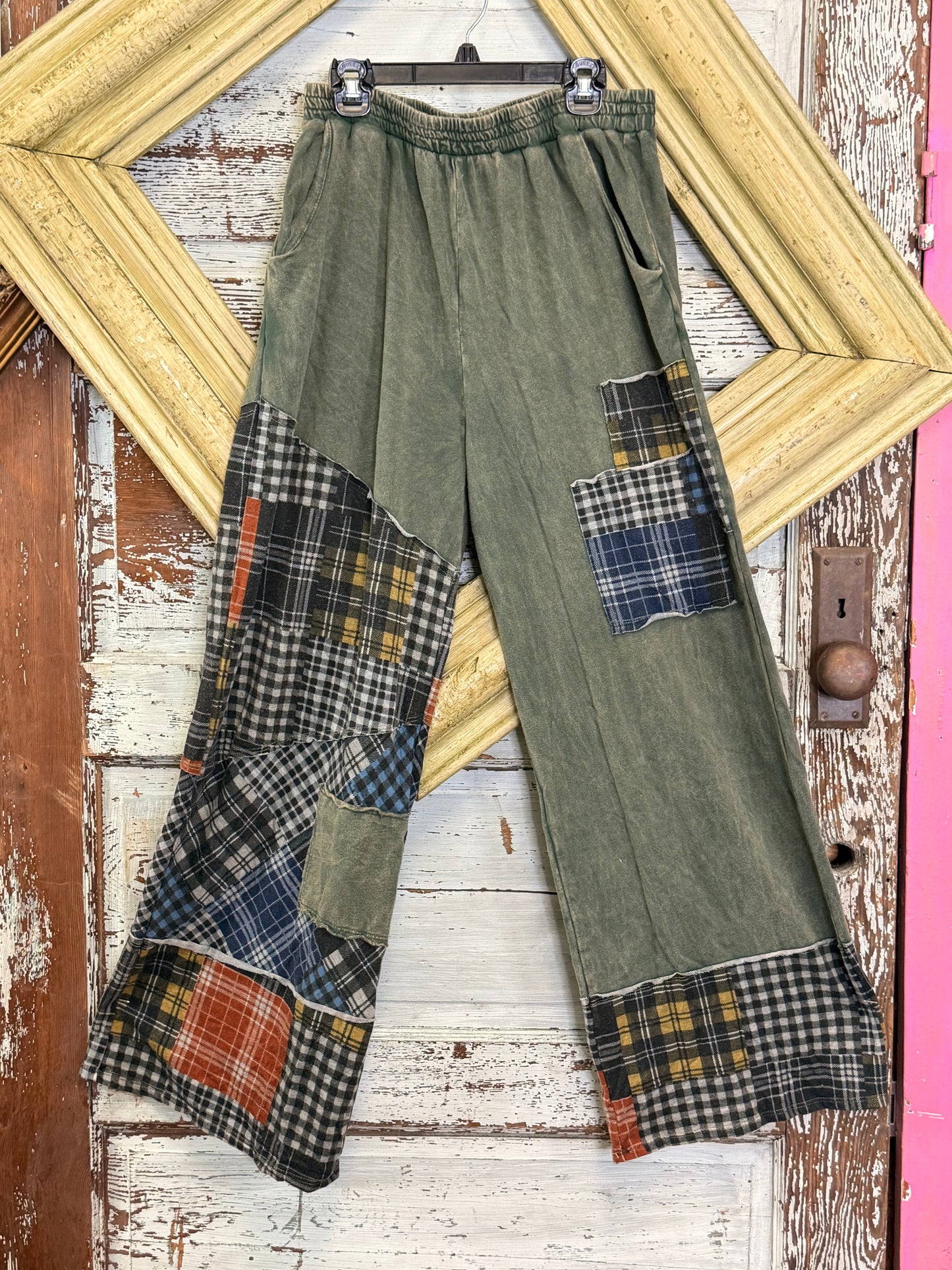 Jher Mineral Washed Plaid Patchwork wideleg pants