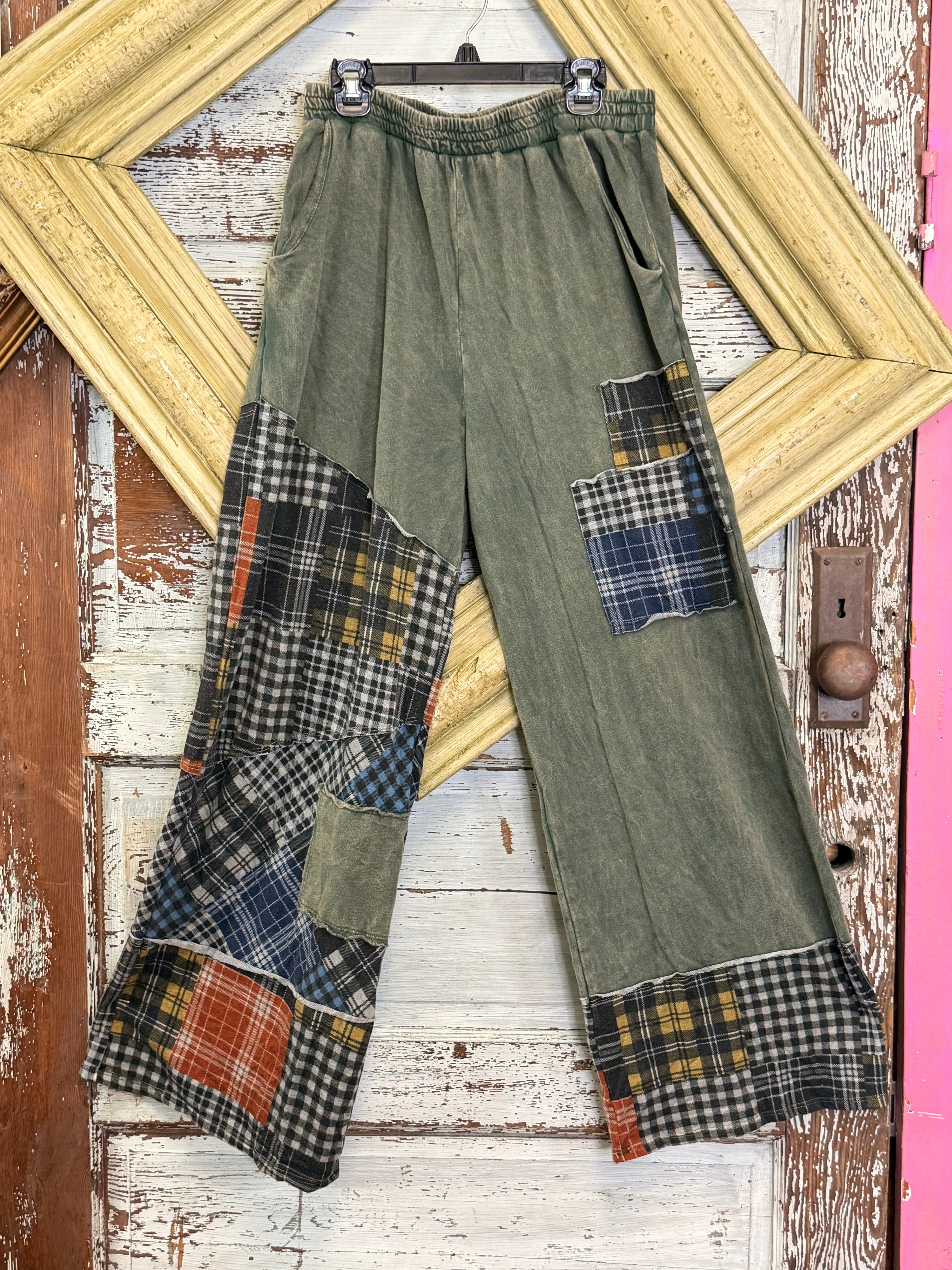 Jher Mineral Washed Plaid Patchwork wideleg pants