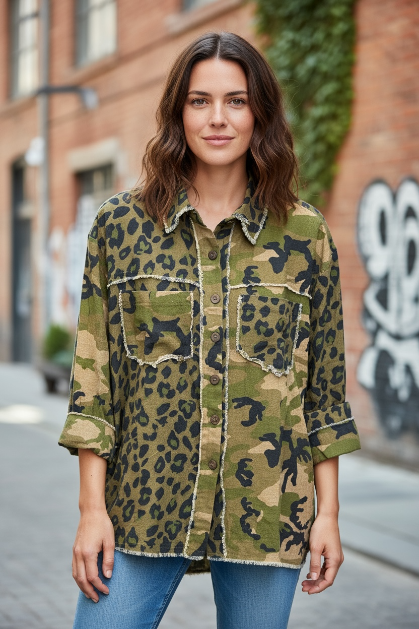 I Love Linen Camo Olive Shacket