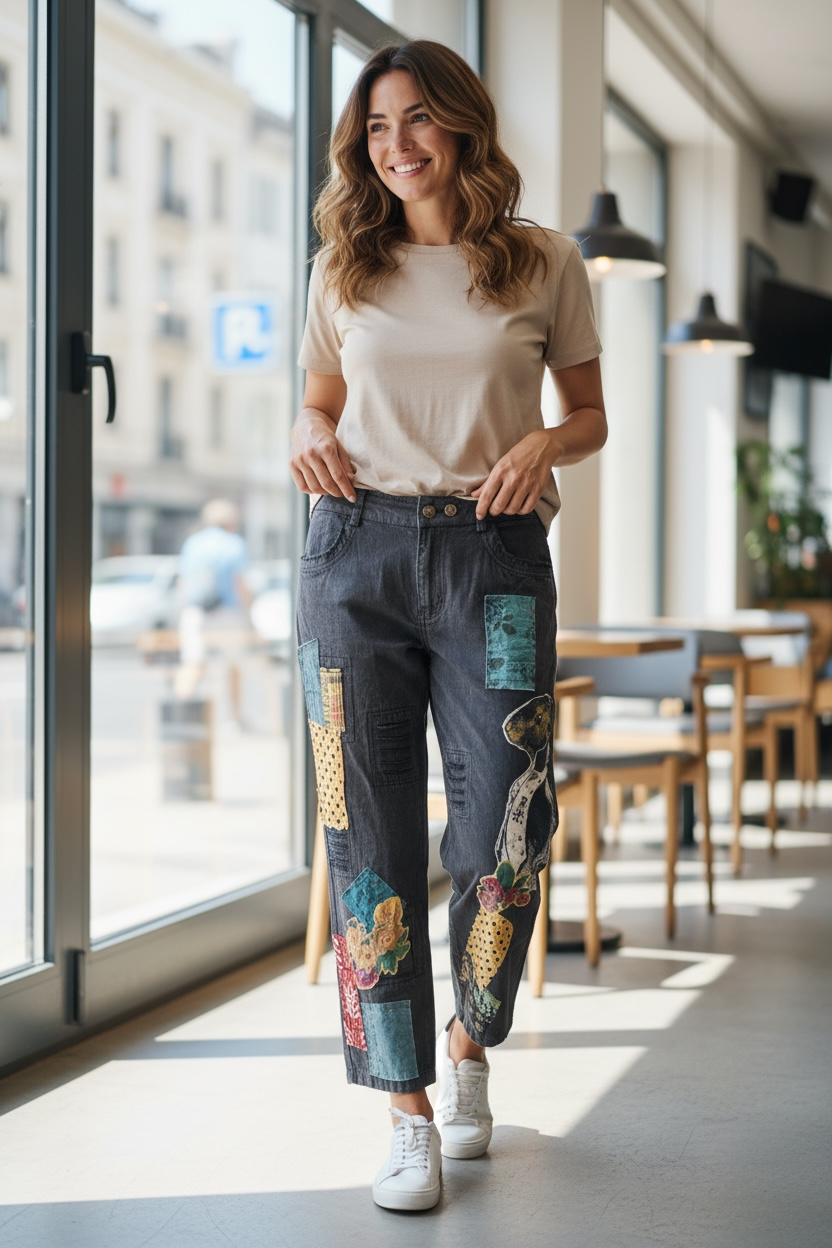 Paper Lace Black Denim Pant with lace and bunny
