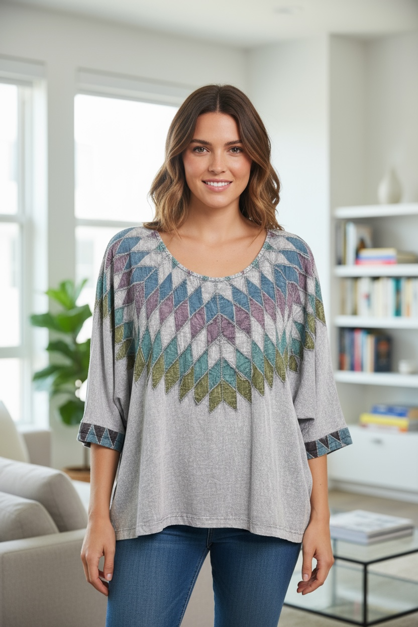 Paper Lace Diamond Shape Multi Color Patch work Tee