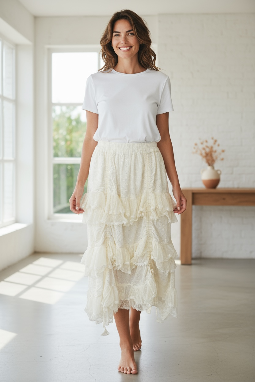Paper Lace Winter White Tier Lace Skirt with ties