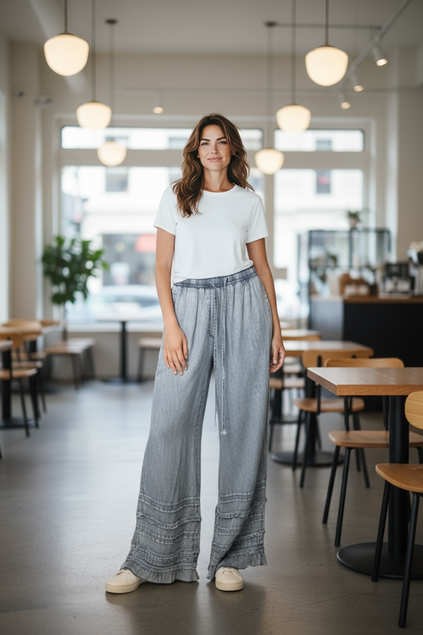 Origami Chambray Palazzo Ruffle Pants