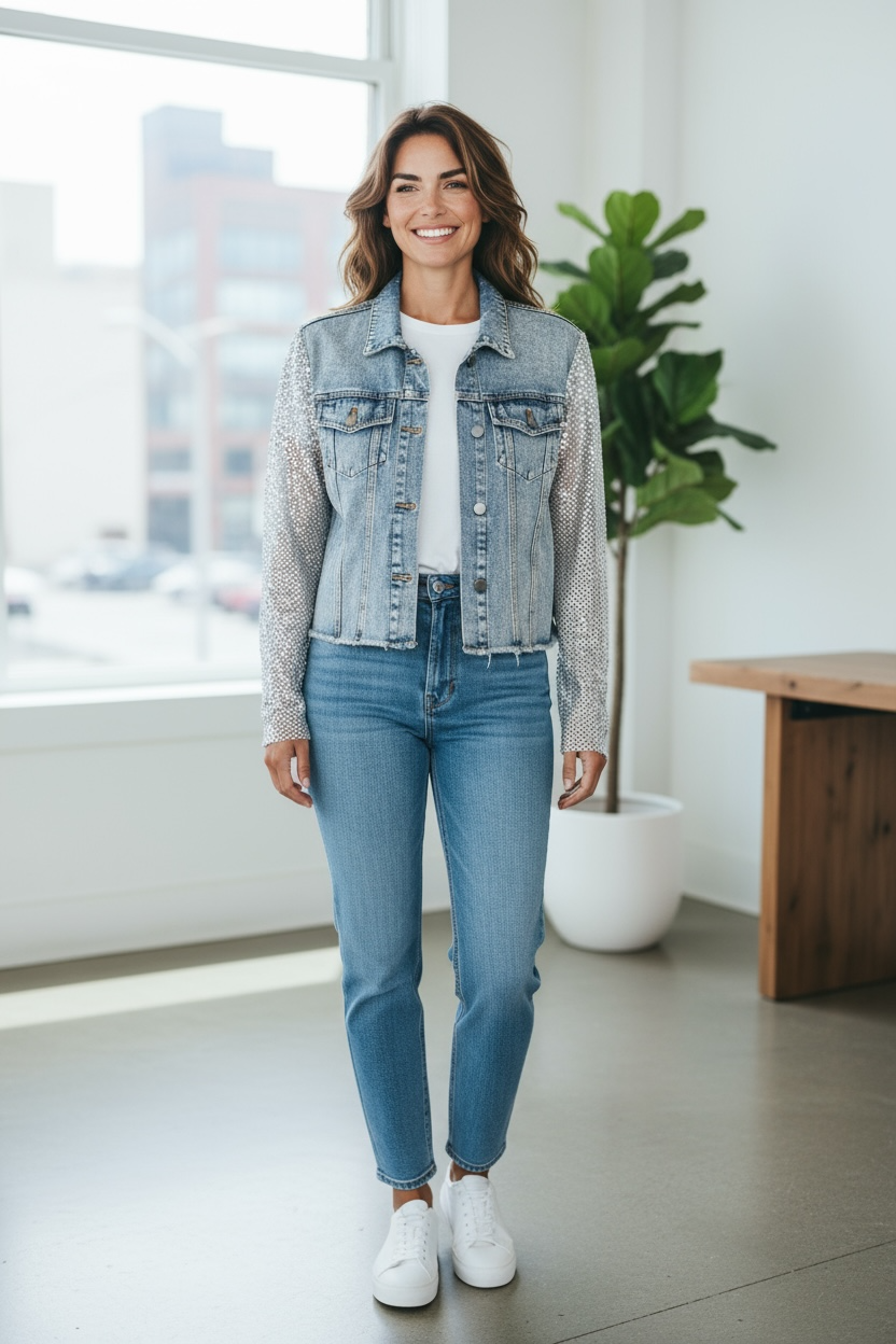 Origami Denim Jacket with Mesh Stone Sleeves