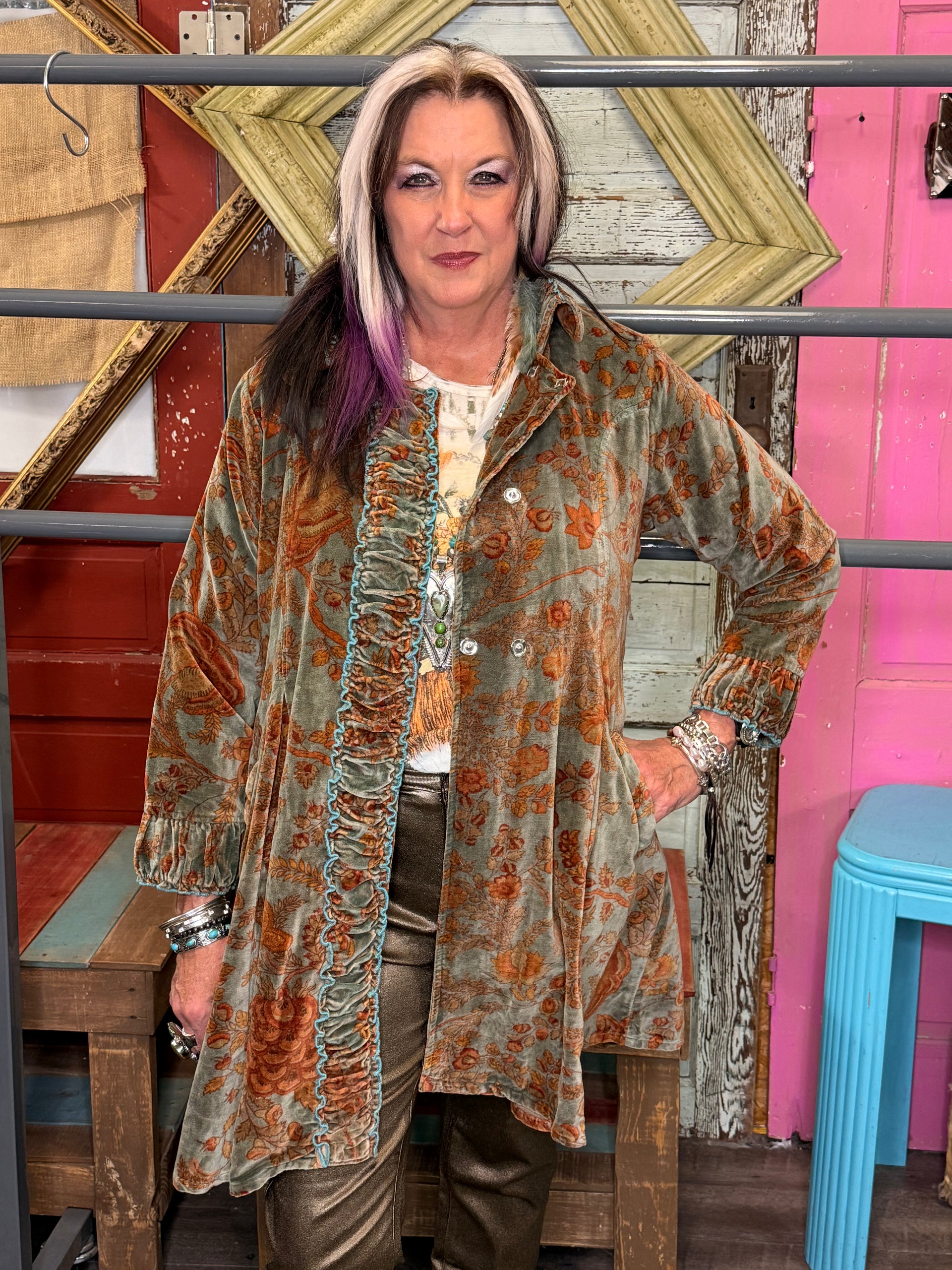 Paper Lace Printed Velvet Jacket with Rusching – Felecia Bella