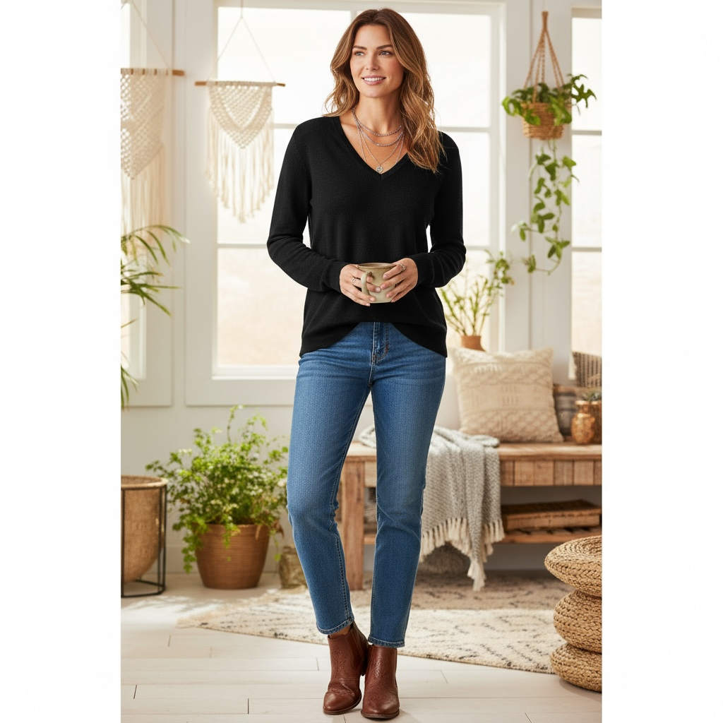 Charlie B Noir Basic Long sleeve V-Neck Sweater