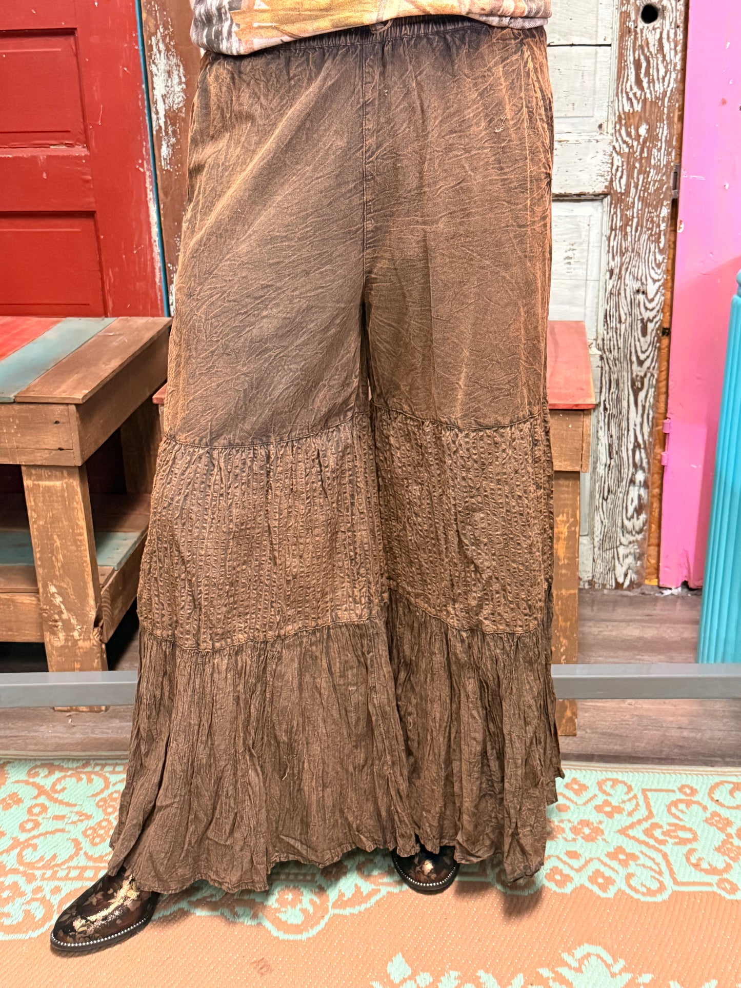 BOHO CHIC: TIERED PATCH INSERTED AMBER DENIM PANTS