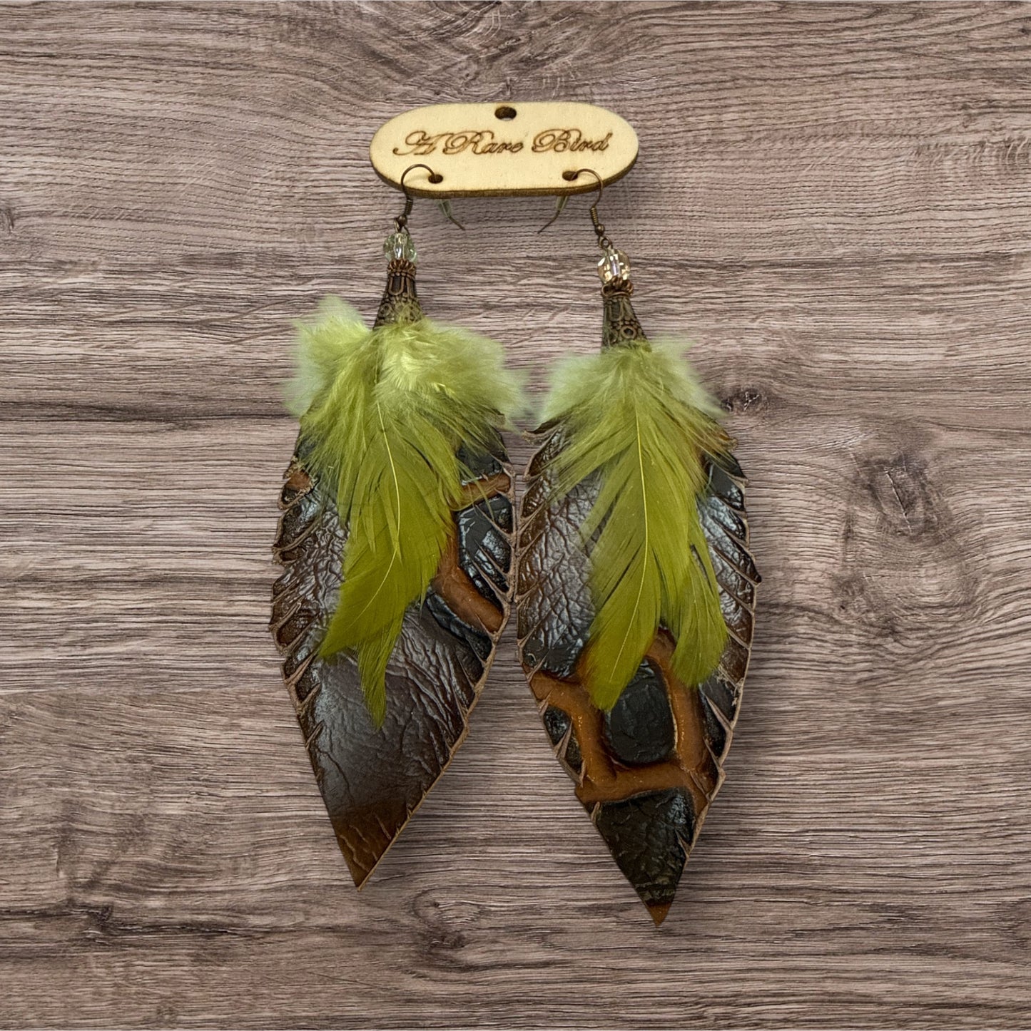 A Rare Bird Green Leather Feather Earings