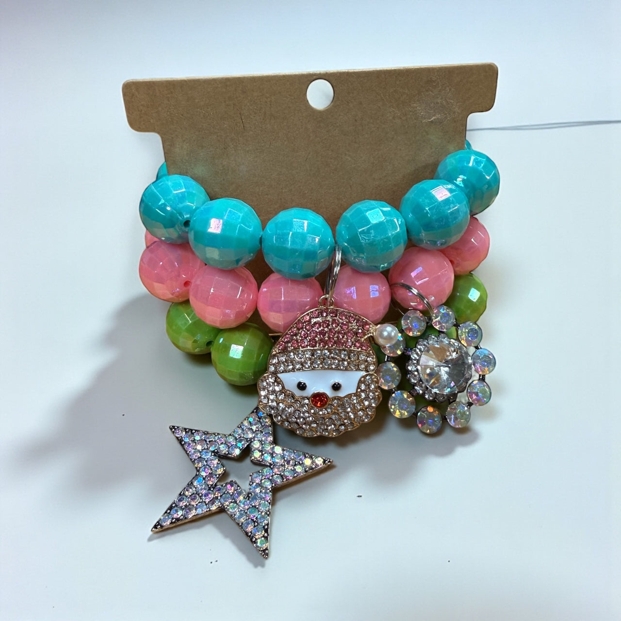 Pink,Green,Teal multi Santa Charm  Bracelet