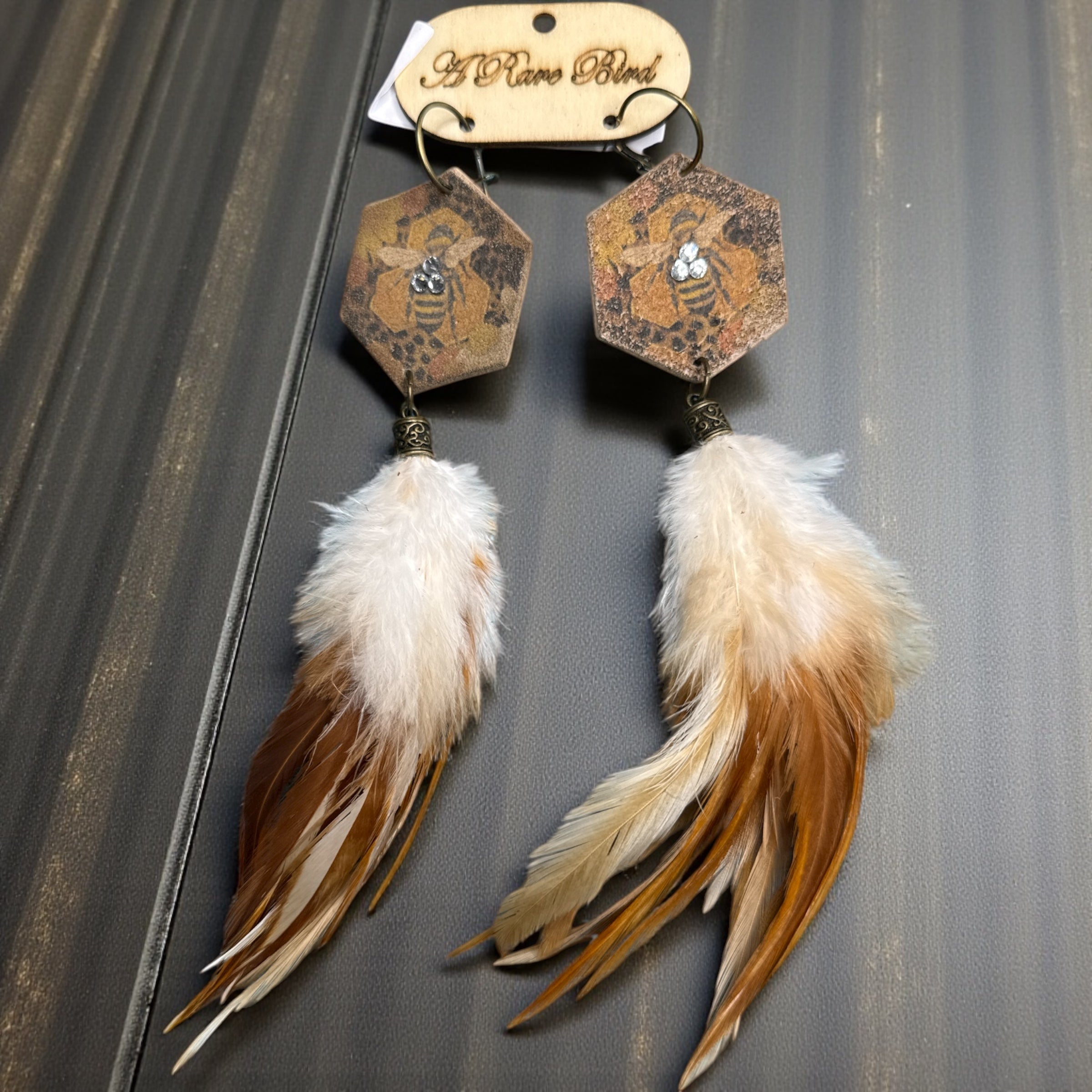 A Rare Bird Bee Feather Earings