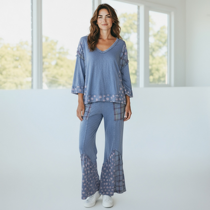 Jher Mineral Washed Boho Patched V-Neck Blouse