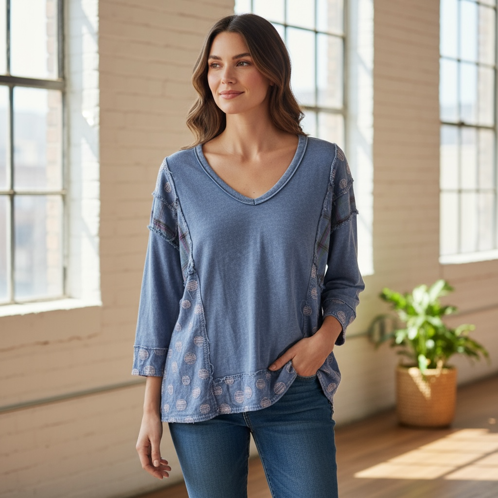 Jher Mineral Washed Boho Patched V-Neck Blouse