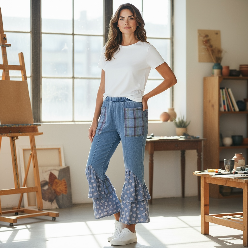 Jher Mineral Washed Boho Pattern Patched Pants