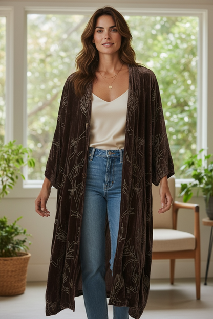Paper lace brown velvet all over embroidered duster