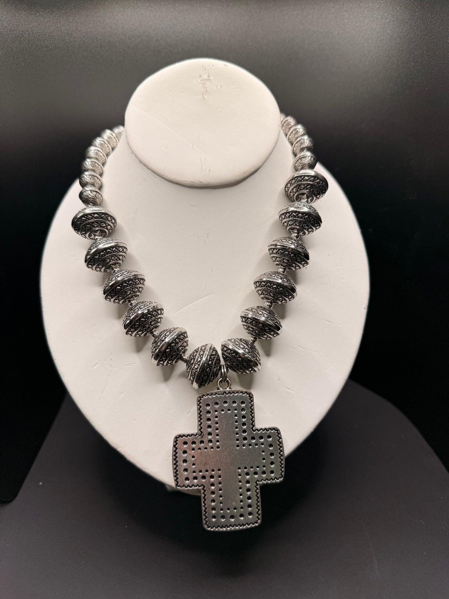 Lost and Found Long Silver bead Cross Necklace