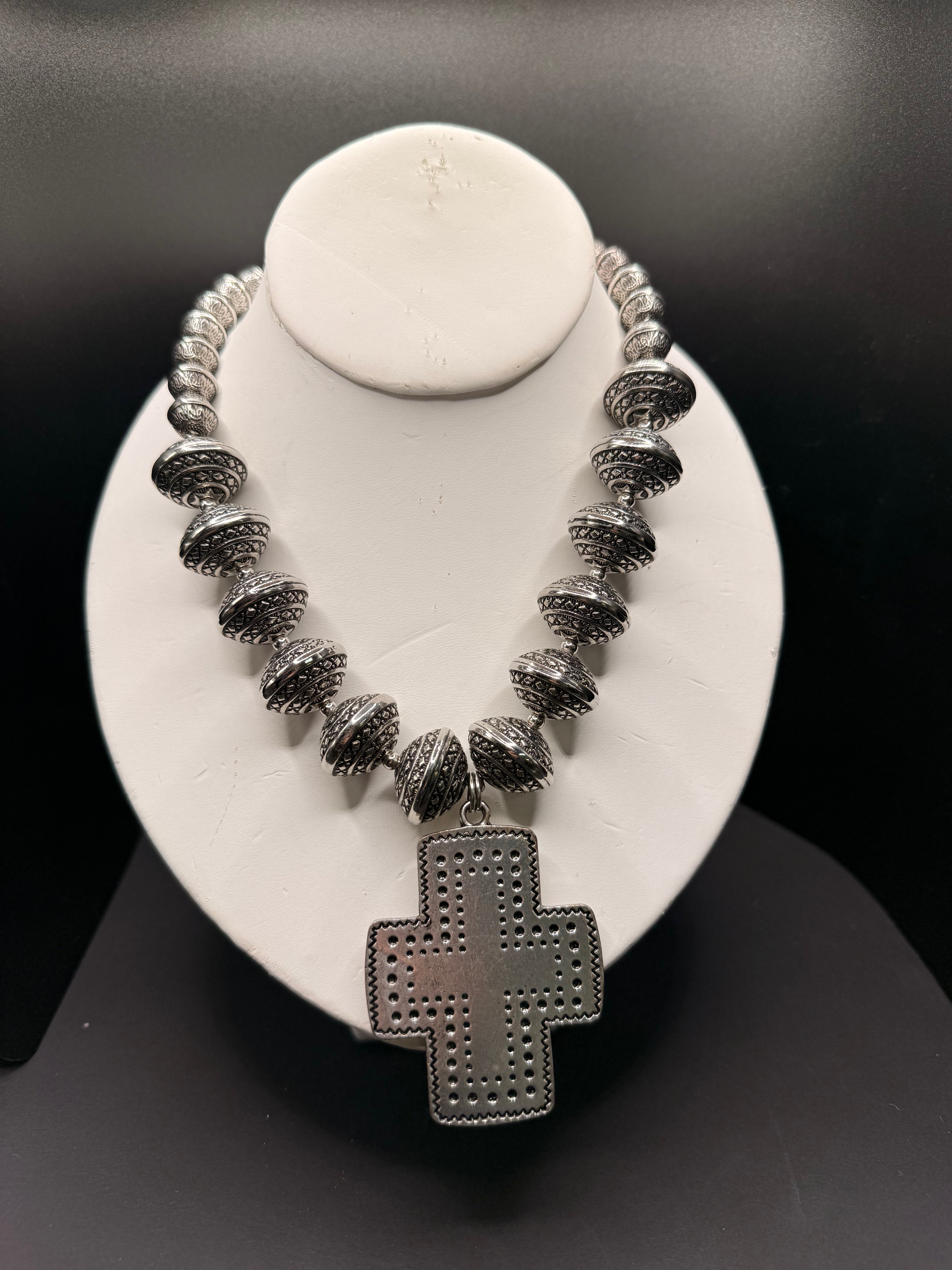 Lost and Found Long Silver bead Cross Necklace
