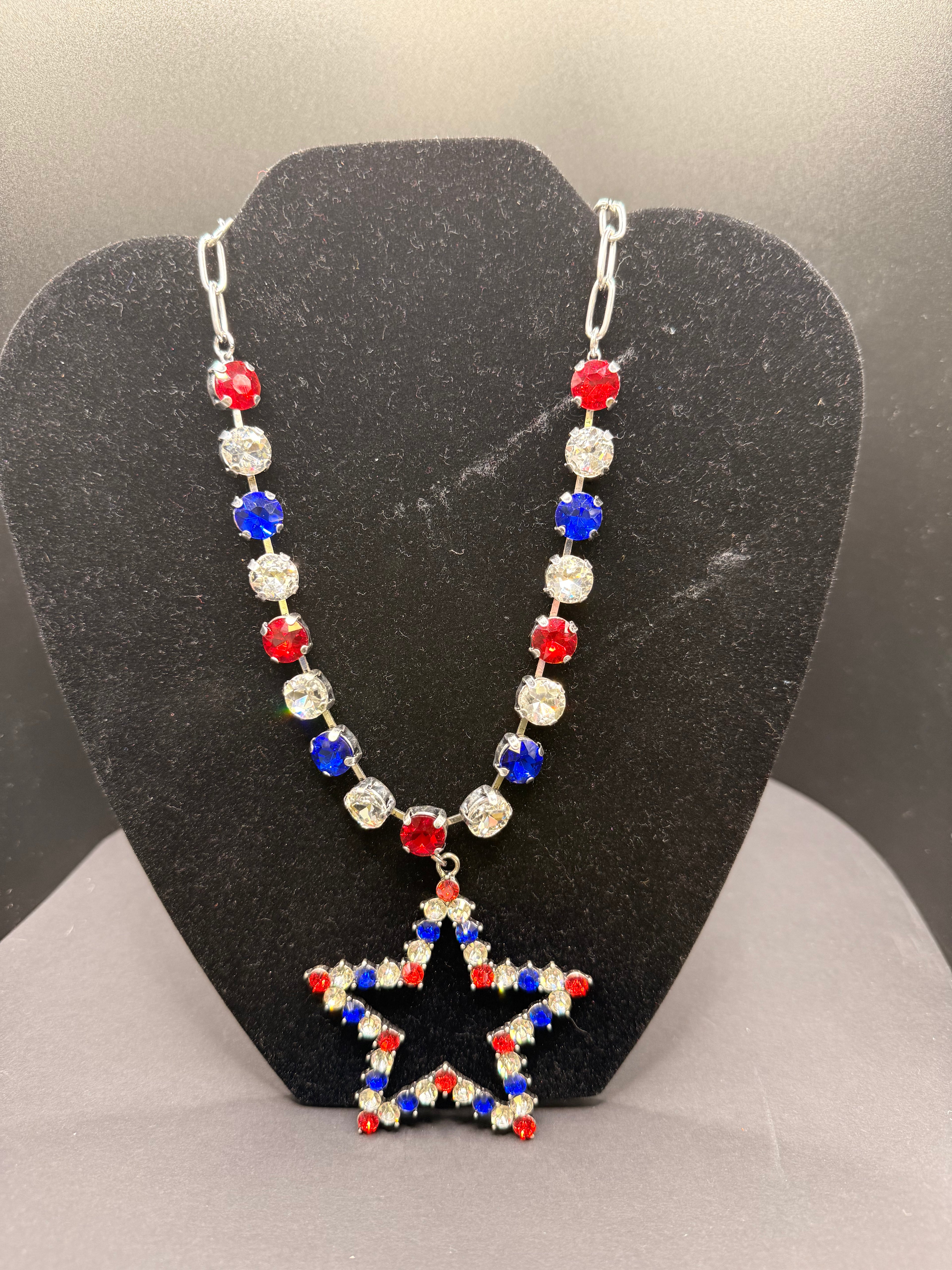 Red, Crystal, And Blue Star Golden or silver Necklace