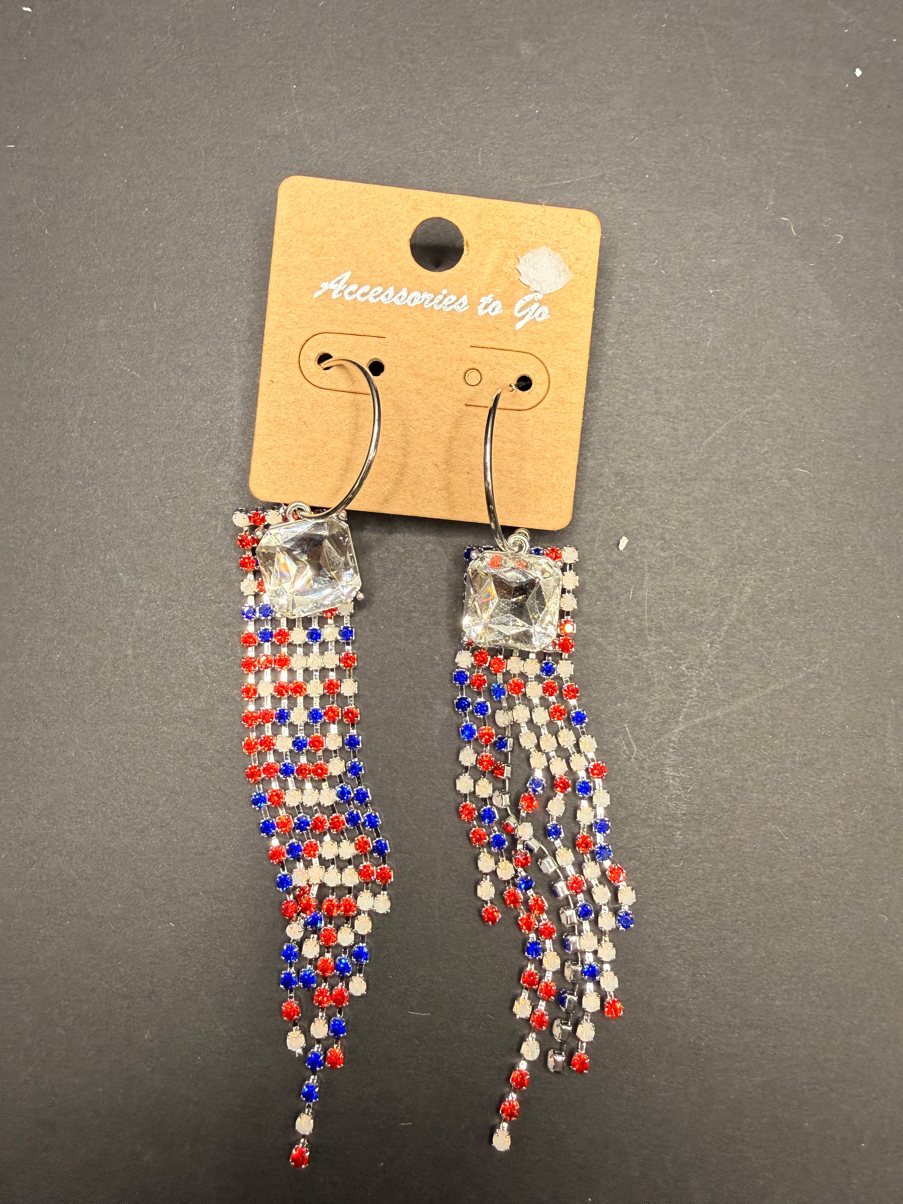Alice red or clear crystal bling with red, white and blue fringe earrings