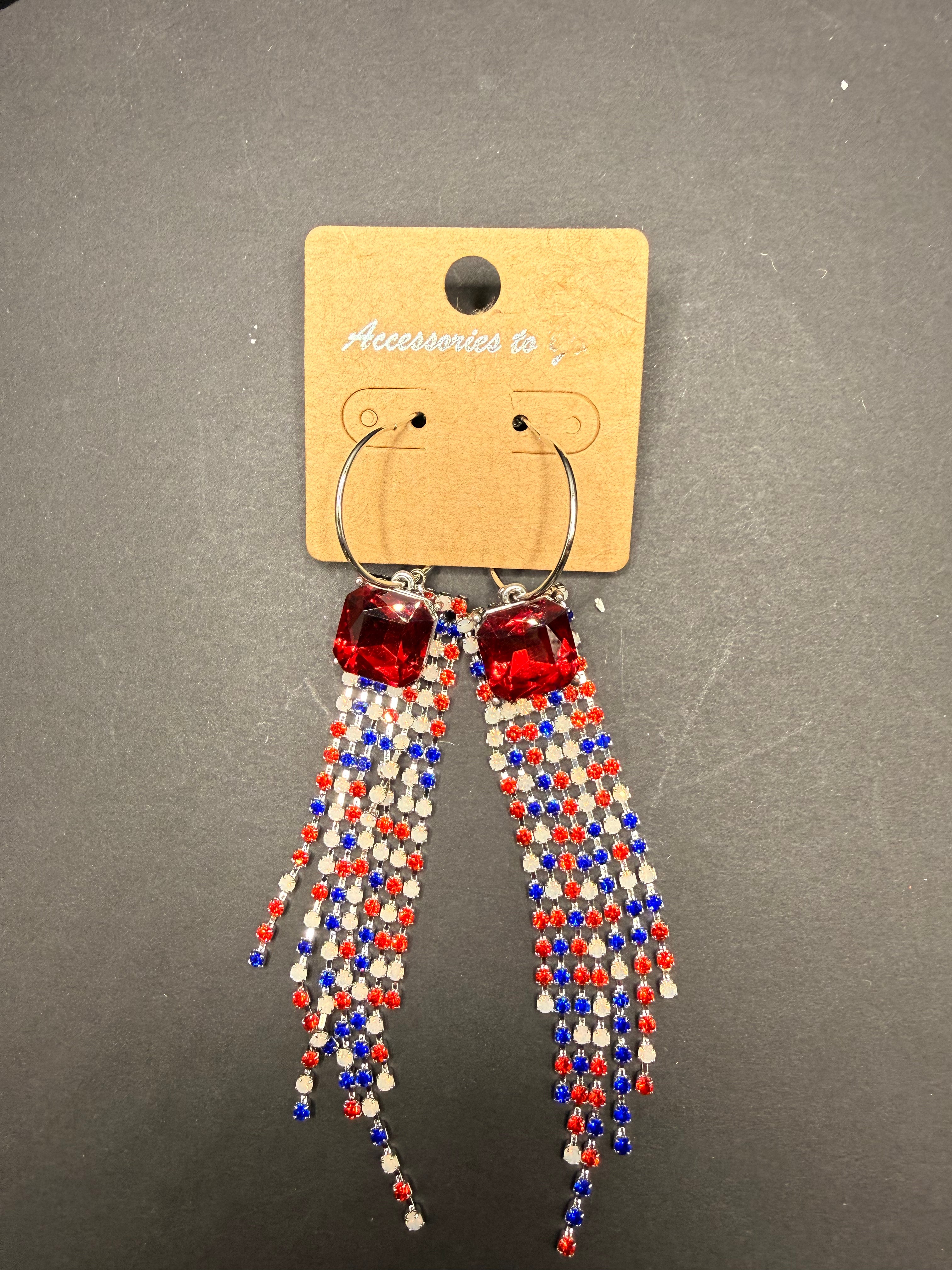 Alice red or clear crystal bling with red, white and blue fringe earrings