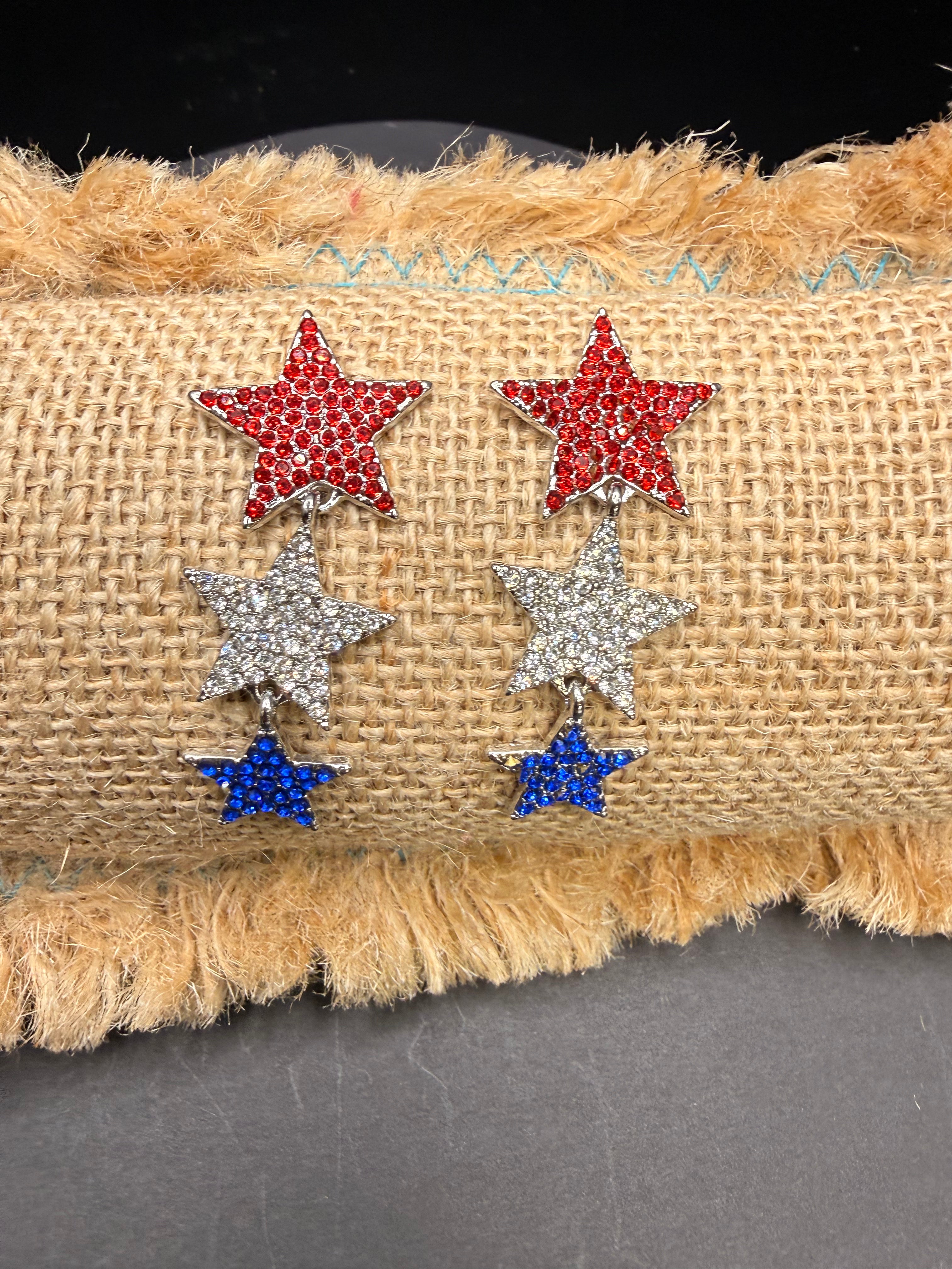 Alice red, white and blue crystal star earrings on post