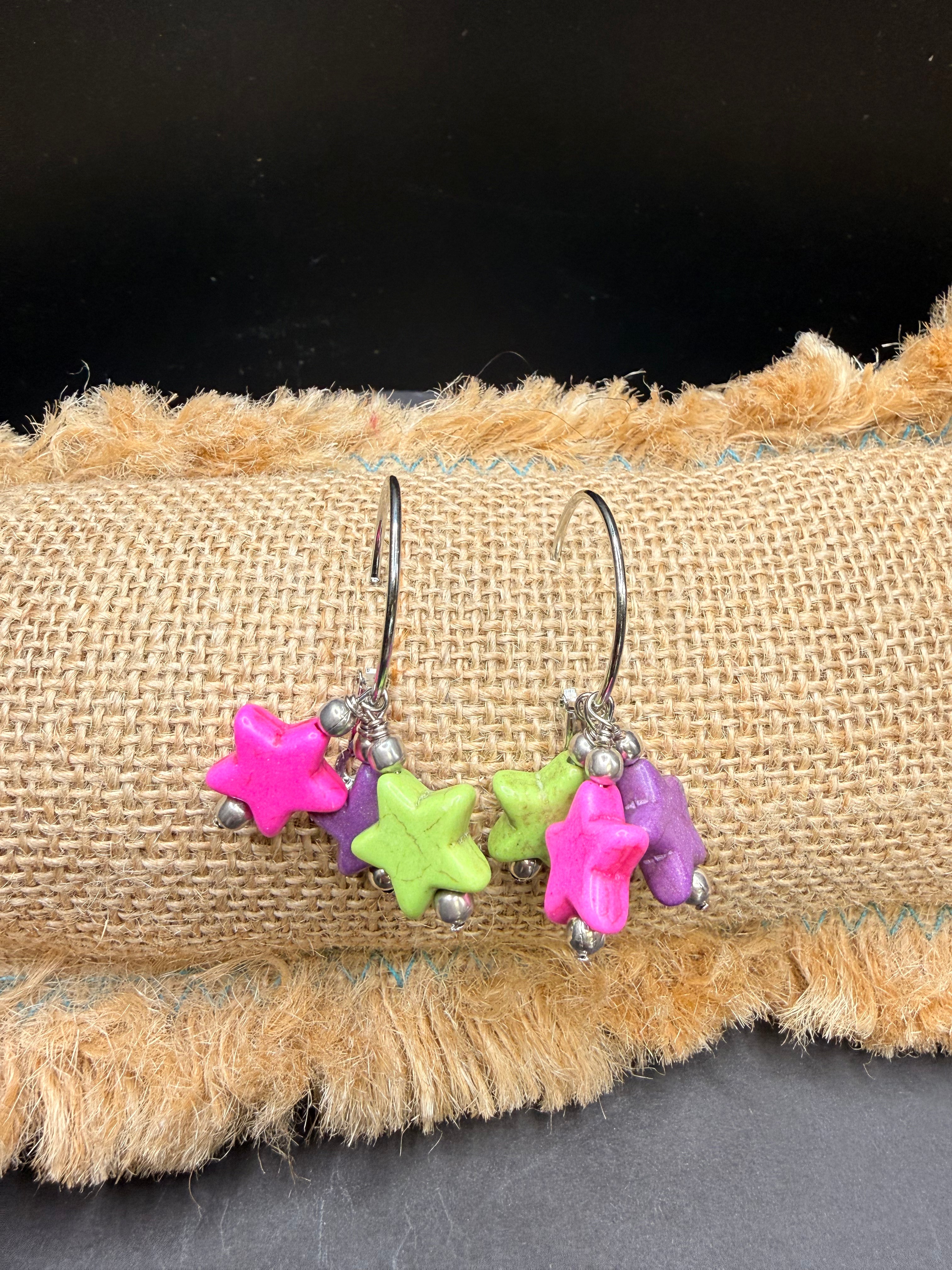 Alice pink, green and purple star hoop earrings