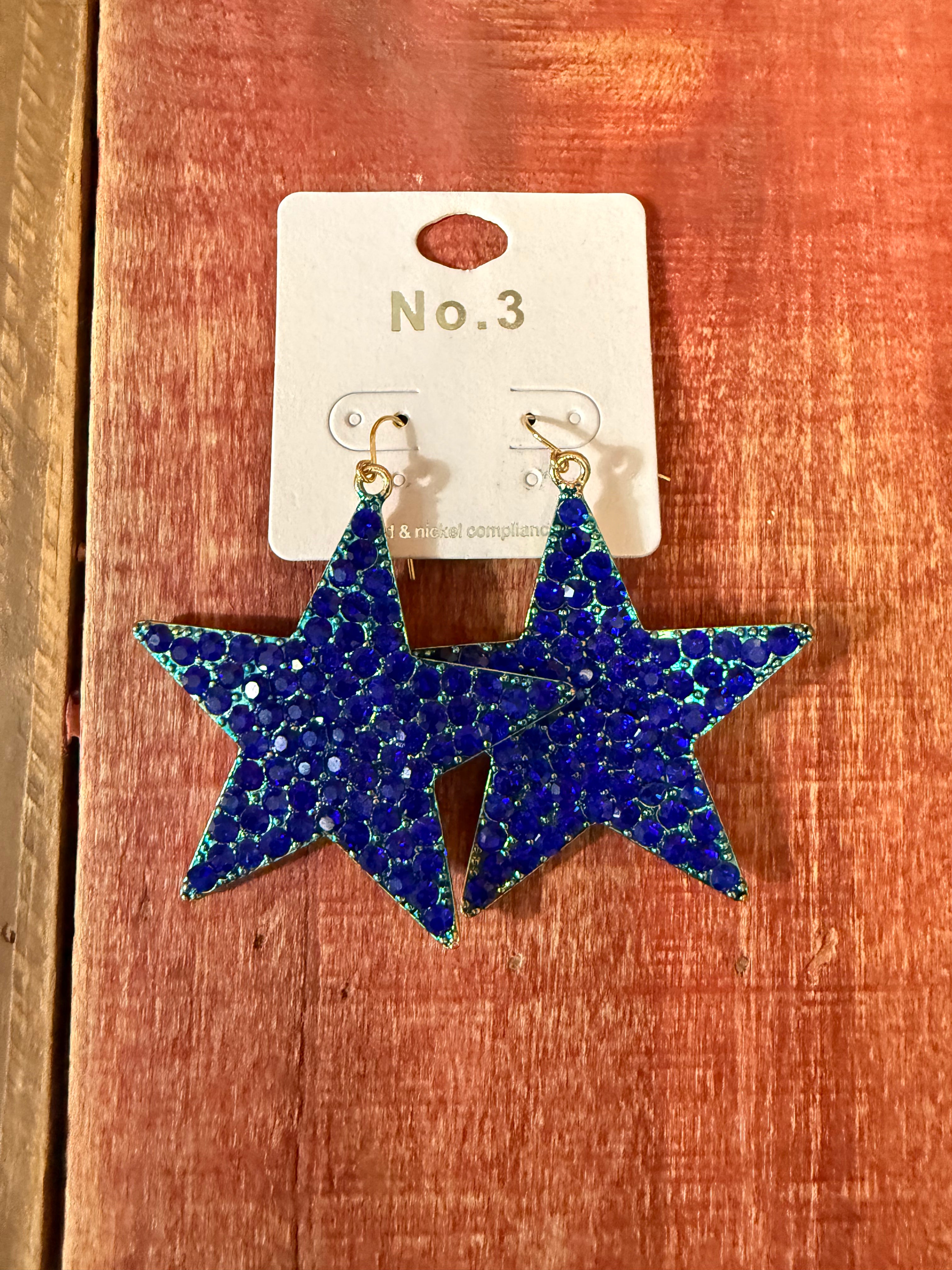 Blue Sparkly Large Star Earrings