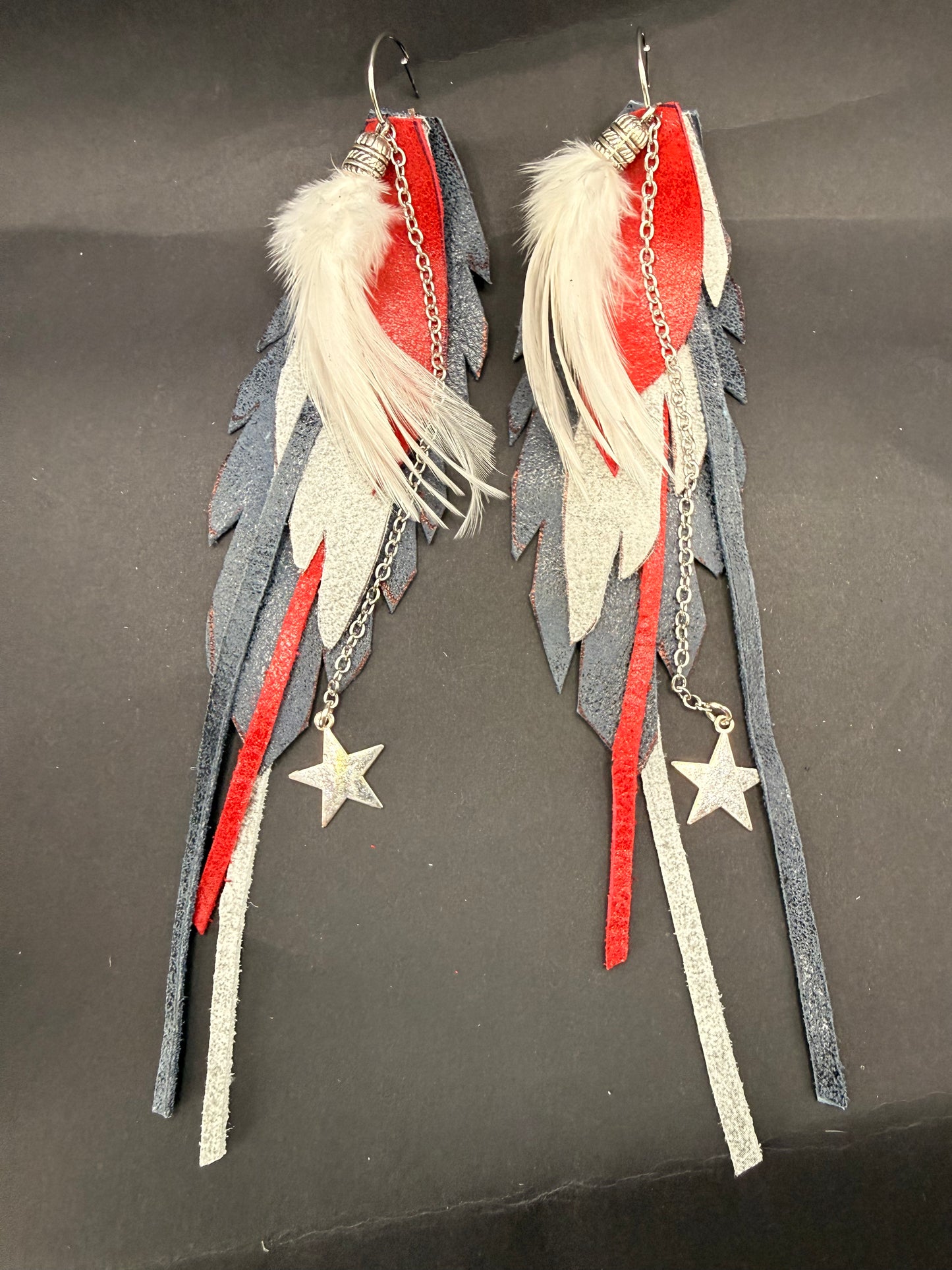 A Rare Bird Red White & Blue Leather Fringe Star Earring