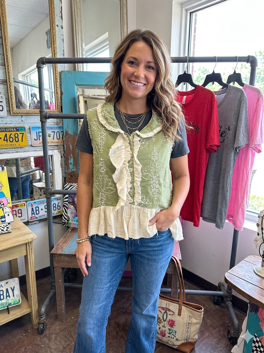 A Rare Bird Green Embroidery Ruffle Vest