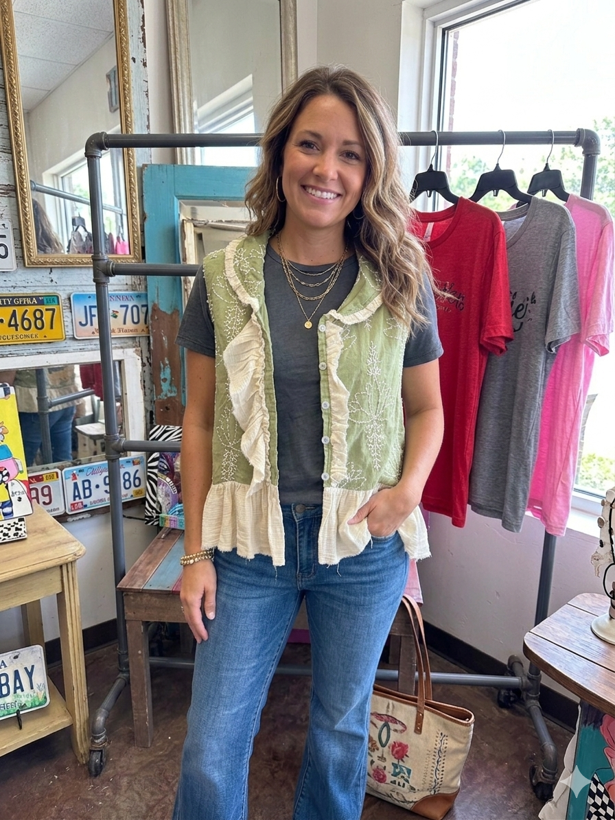 A Rare Bird Green Embroidery Ruffle Vest