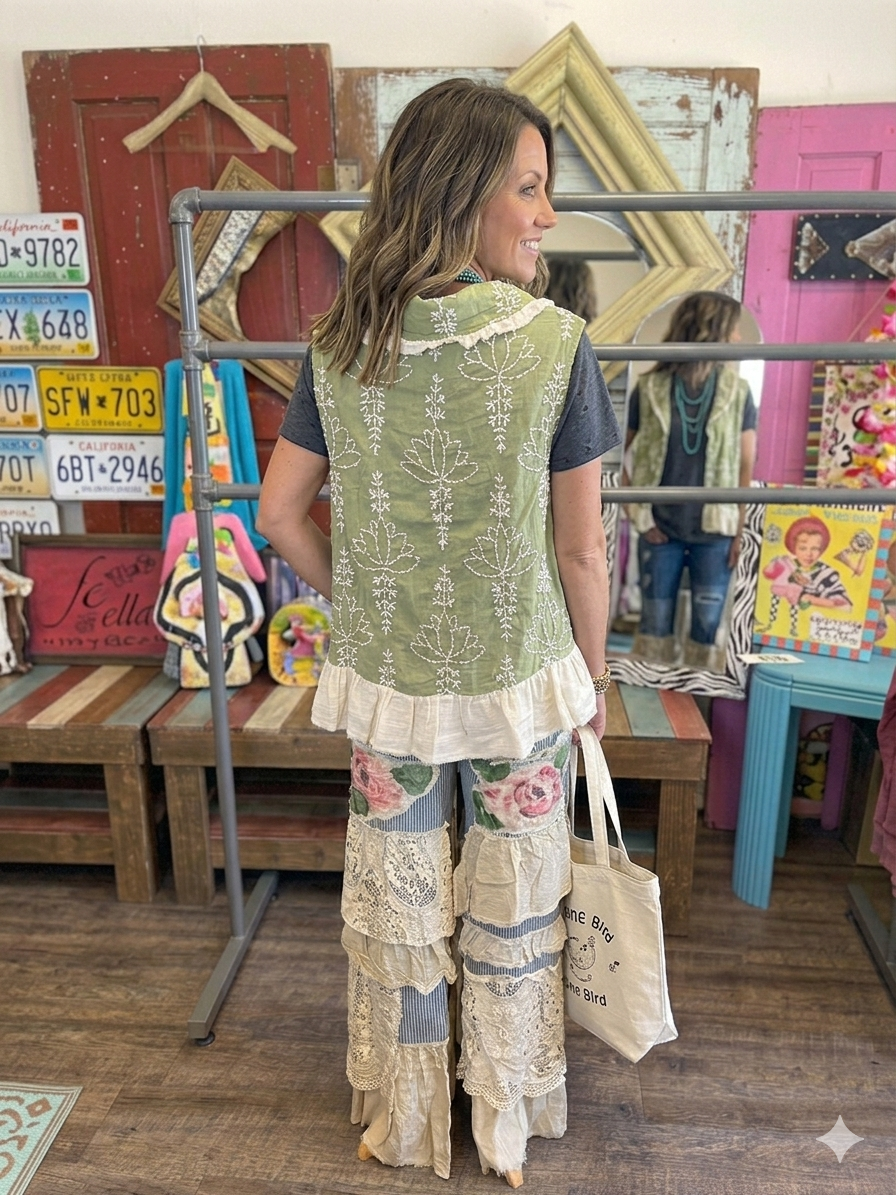 A Rare Bird Green Embroidery Ruffle Vest