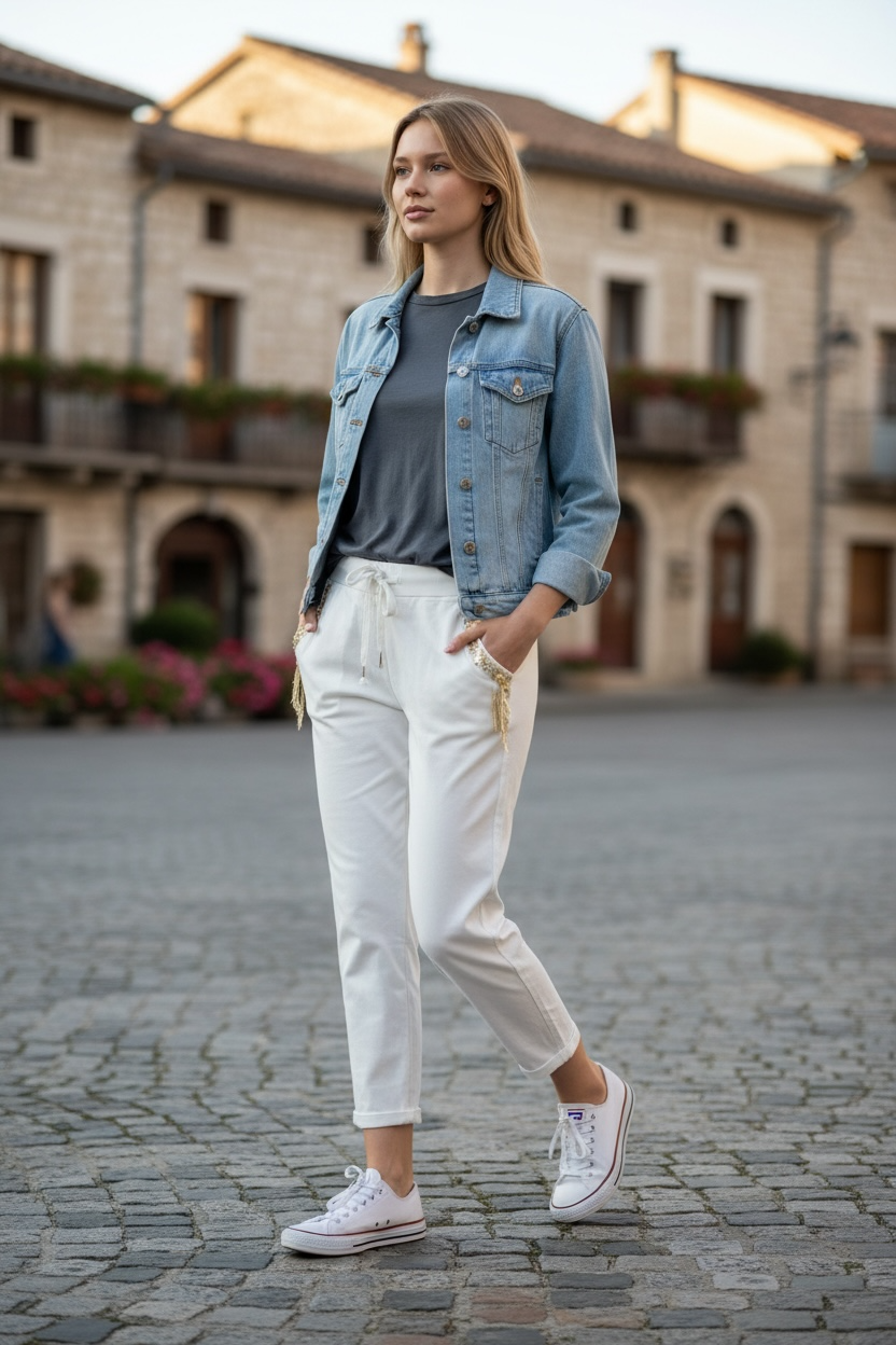 Gigi Moda White Joggers with Gold and Crystals