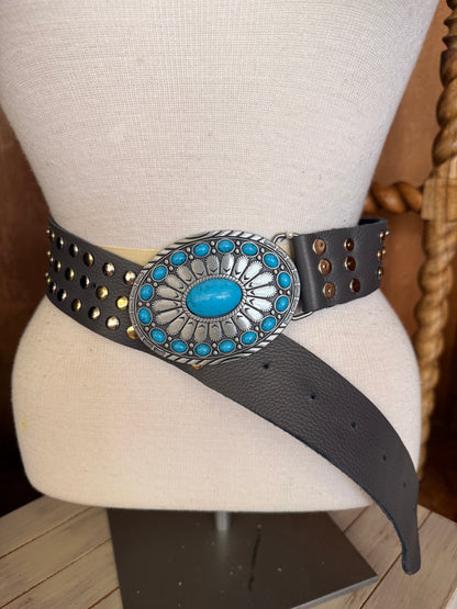 Grey Leather Belt with Western Turquoise Buckle