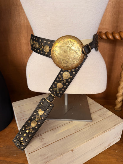 Black Leather Belt Adjustable Multi-Buckle Detail