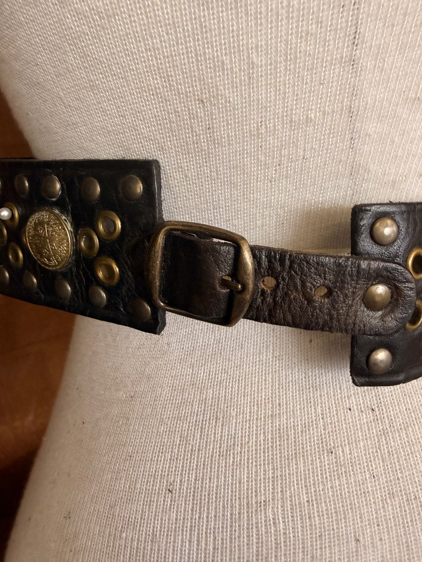 Black Leather Belt Adjustable Multi-Buckle Detail