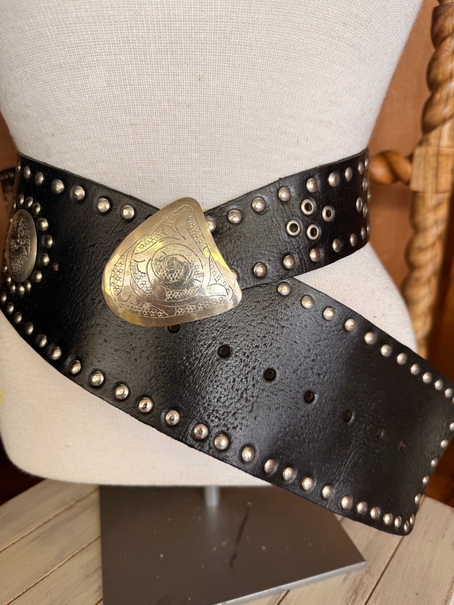 Wide Leather Belt with Silver Buckle & Studs