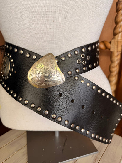 Wide Leather Belt with Silver Buckle & Studs