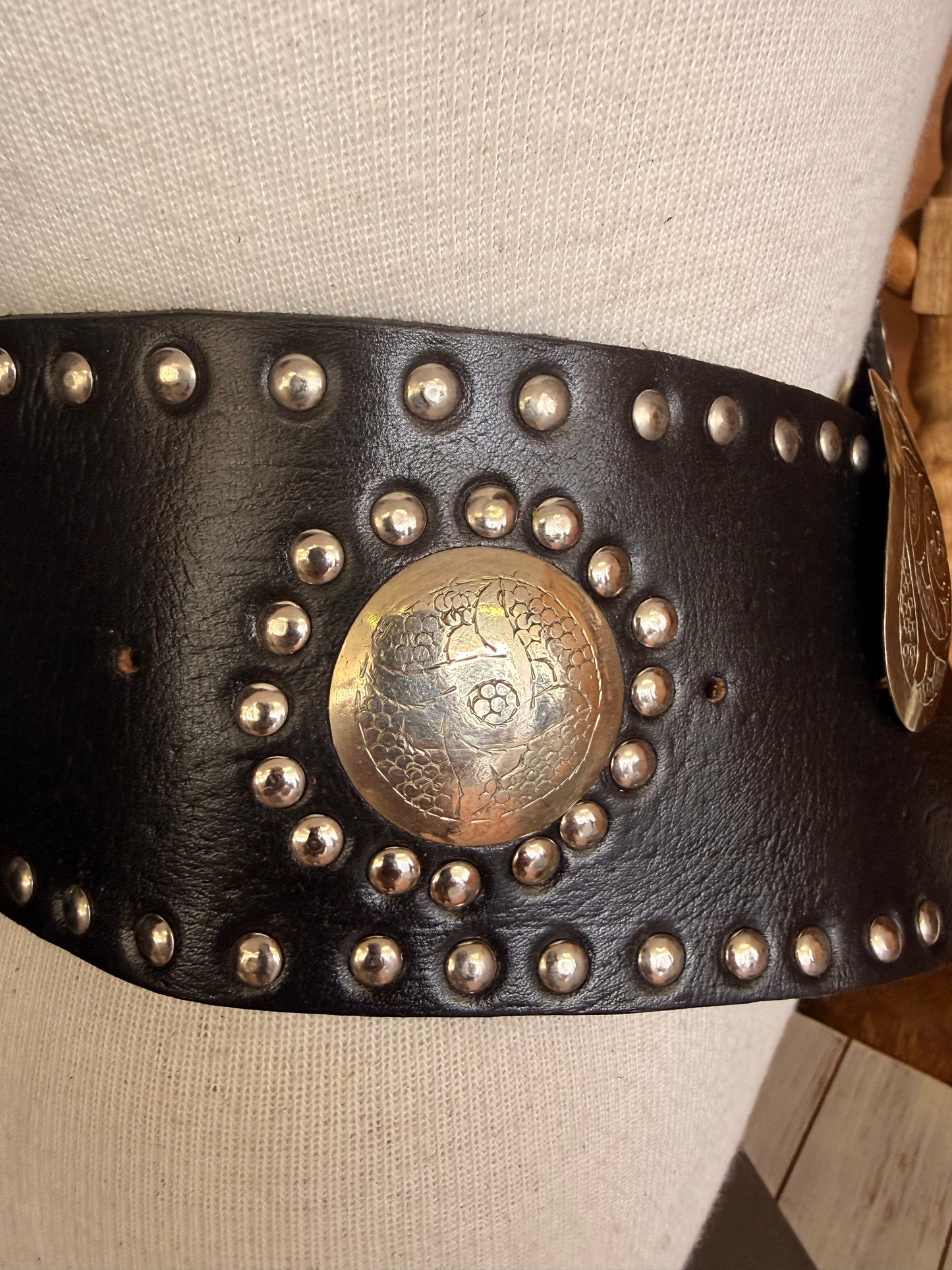 Wide Leather Belt with Silver Buckle & Studs