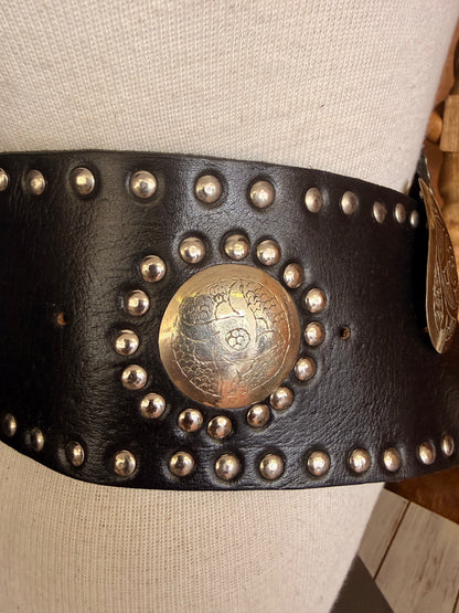 Wide Leather Belt with Silver Buckle & Studs