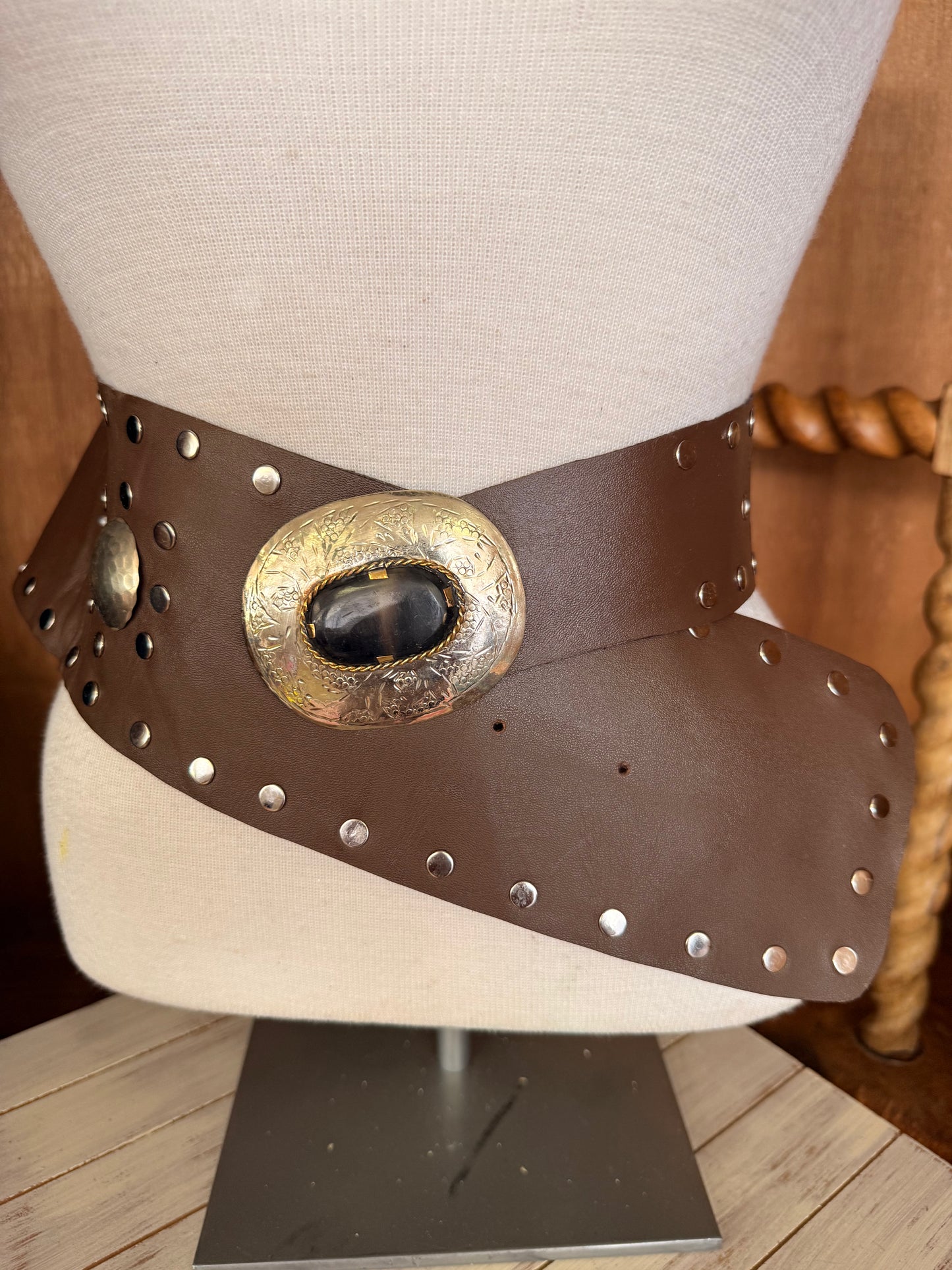 Wide Leather Belt with Silver Buckle & Studs